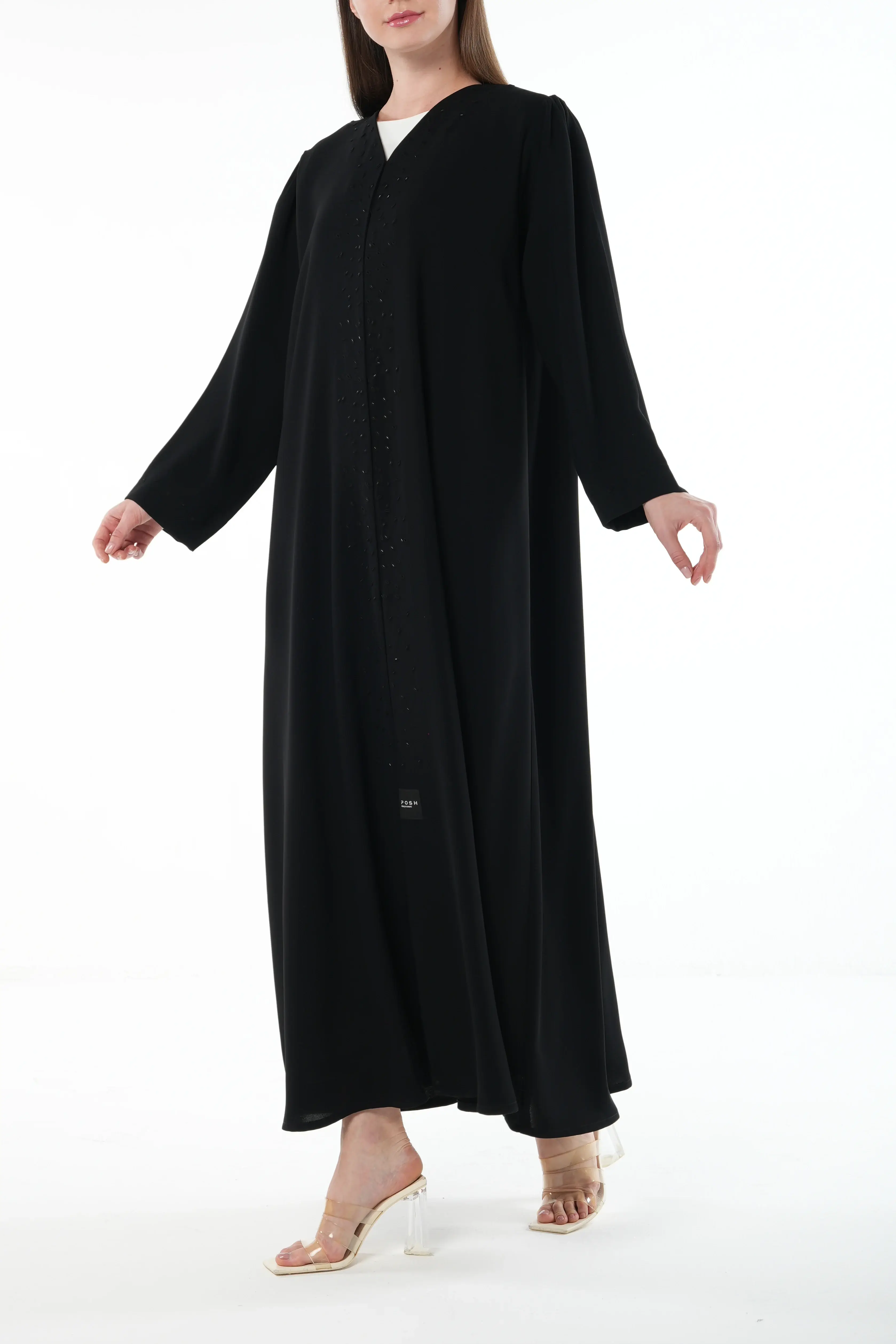 Black Wave Crepe Abaya with Beadwork Embroidery