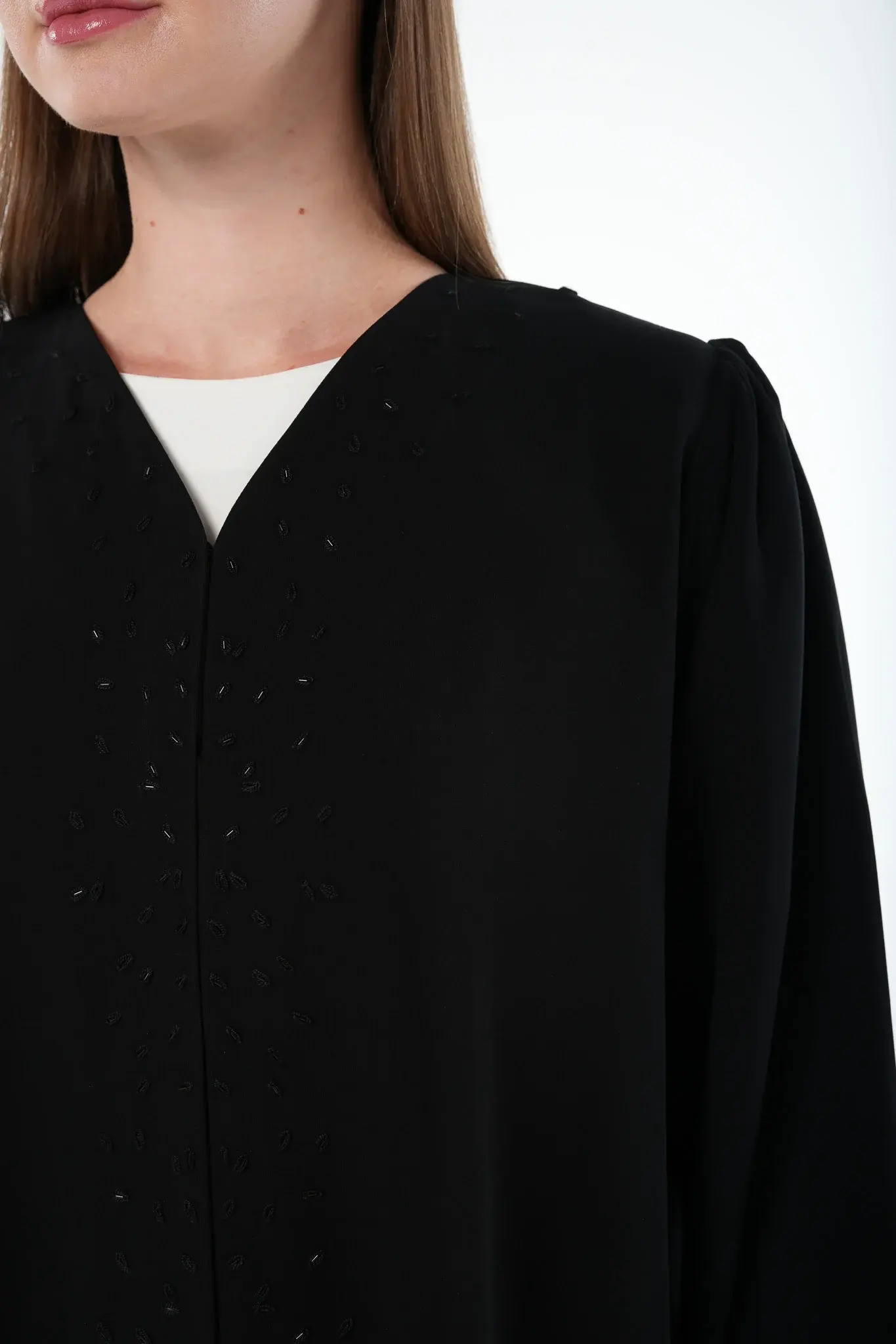 Black Wave Crepe Abaya with Beadwork Embroidery