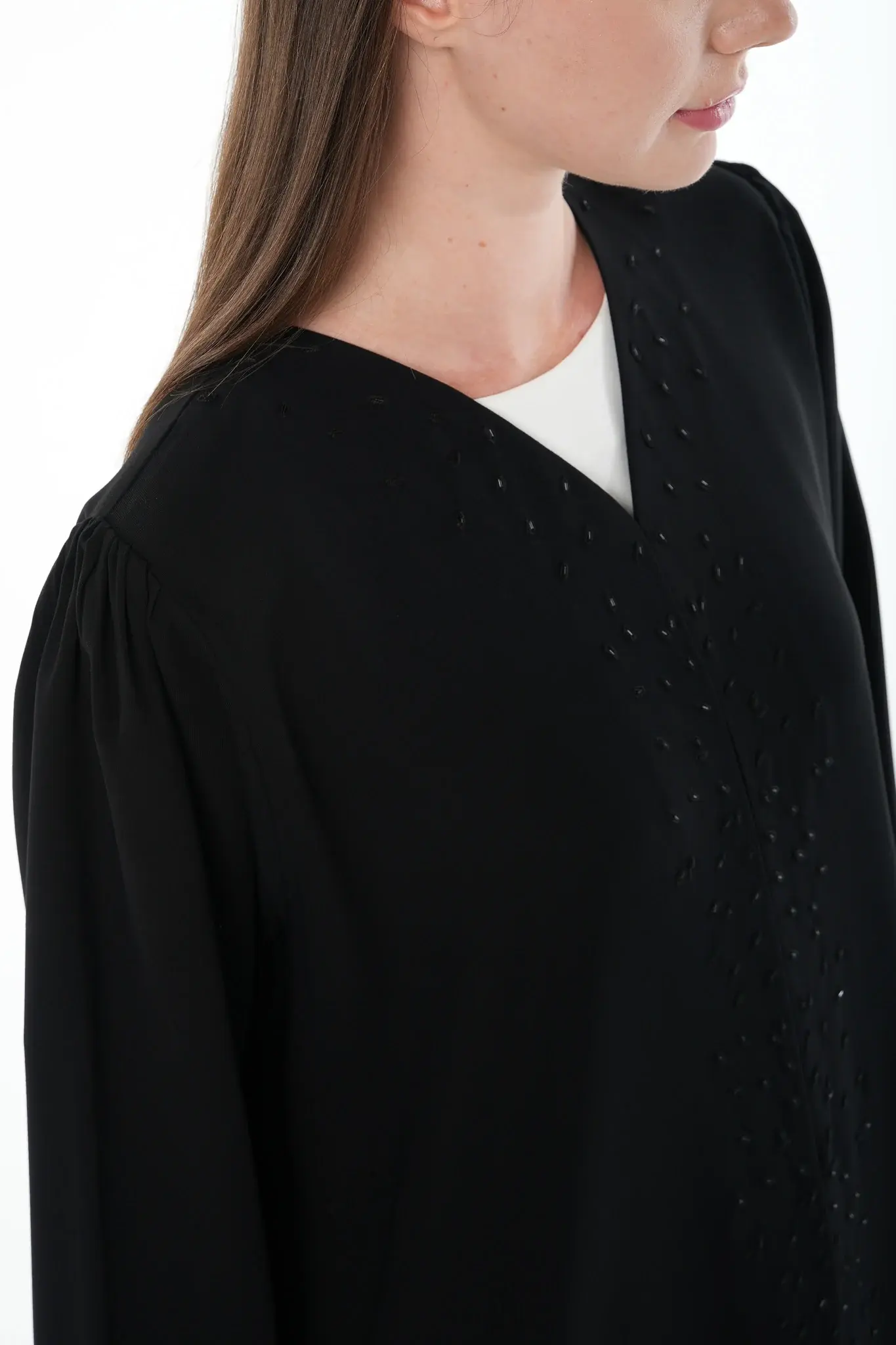 Black Wave Crepe Abaya with Beadwork Embroidery