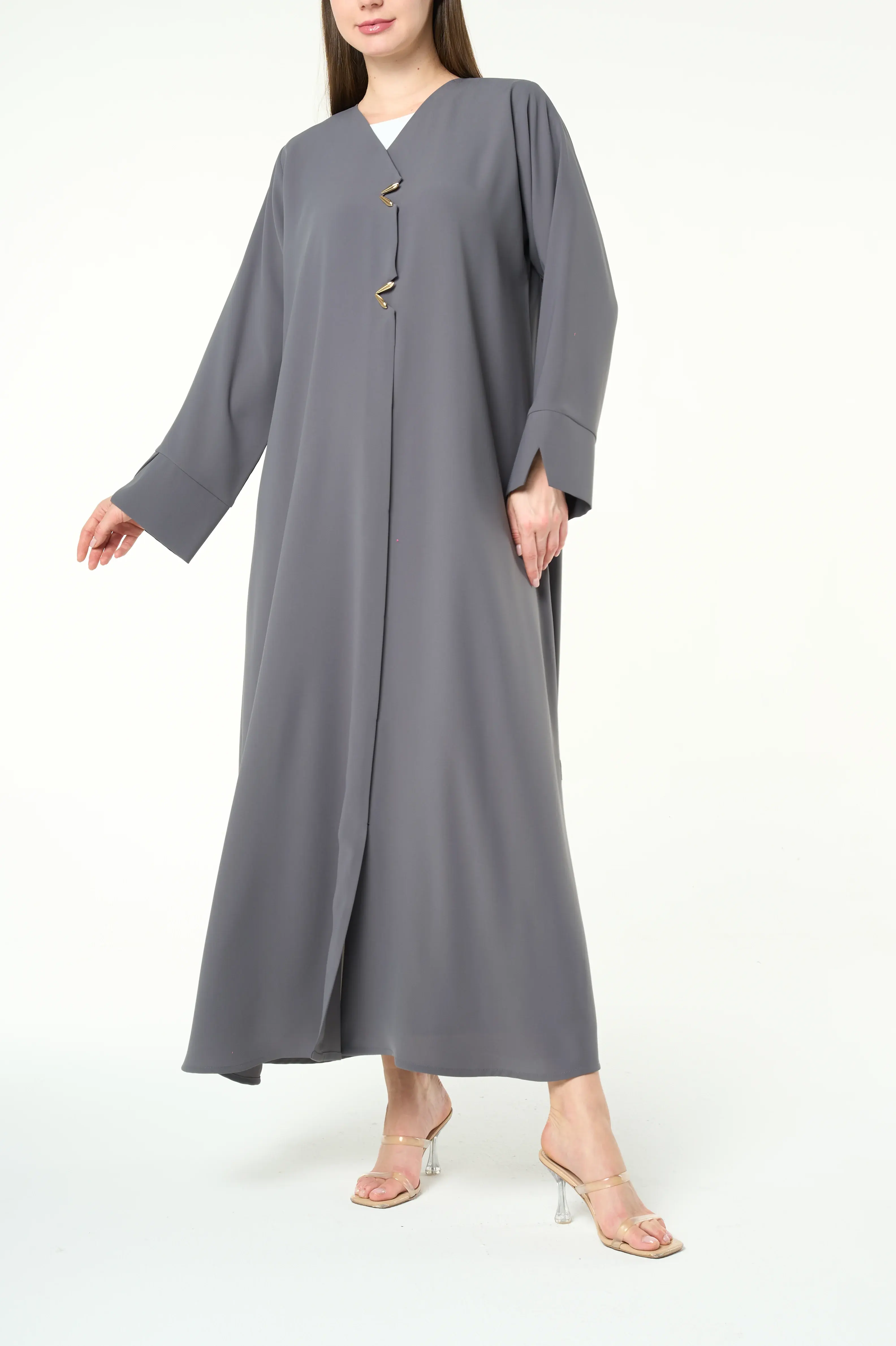 Grey Aroma Crepe Abaya with Gold Accent Buttons