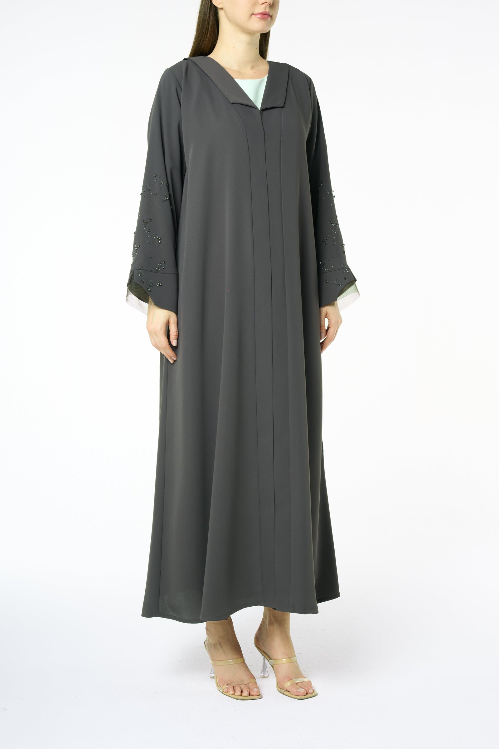 Green Zoe Crepe Abaya with Beaded Sleeve Detail