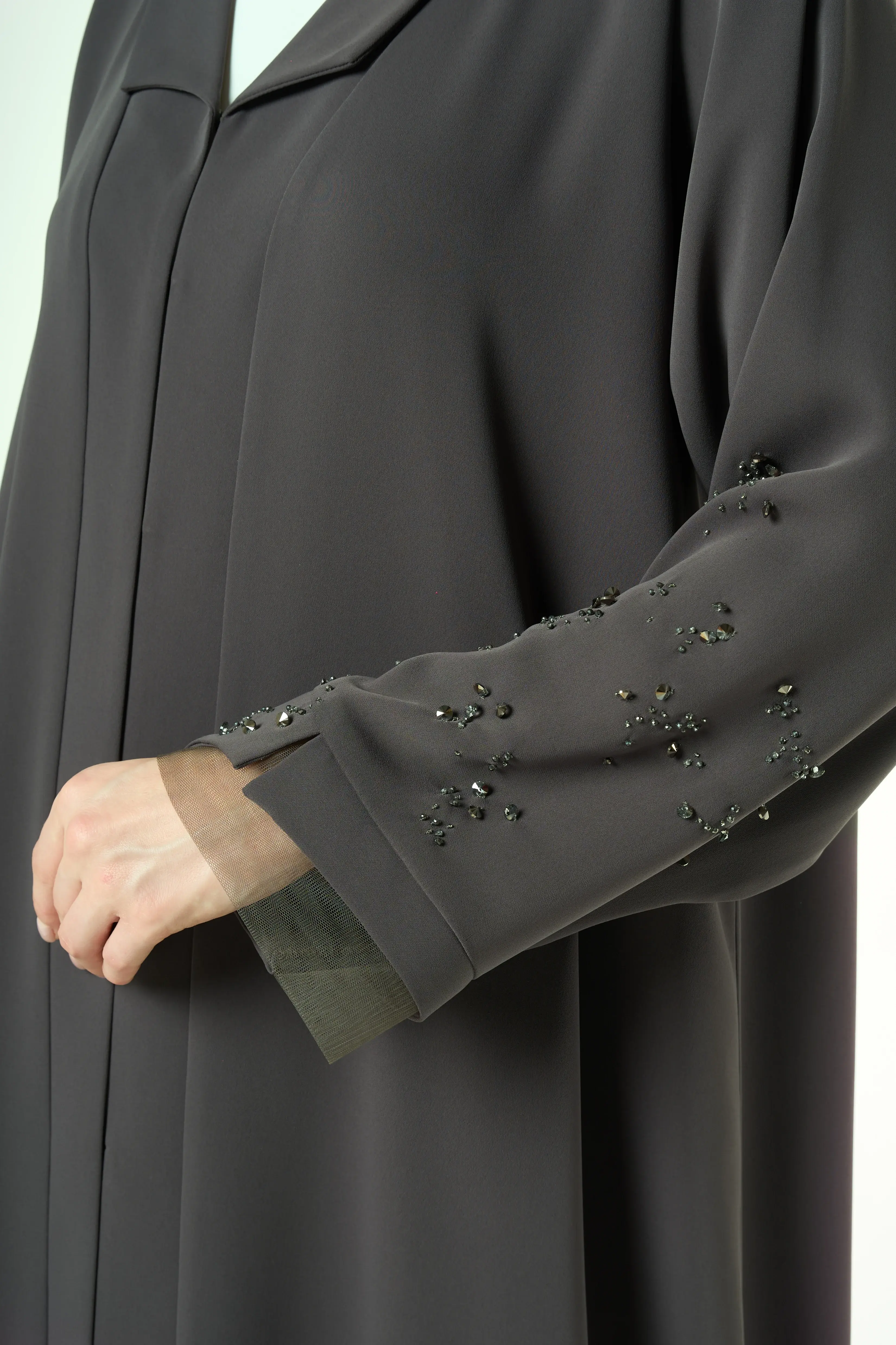 Green Zoe Crepe Abaya with Beaded Sleeve Detail
