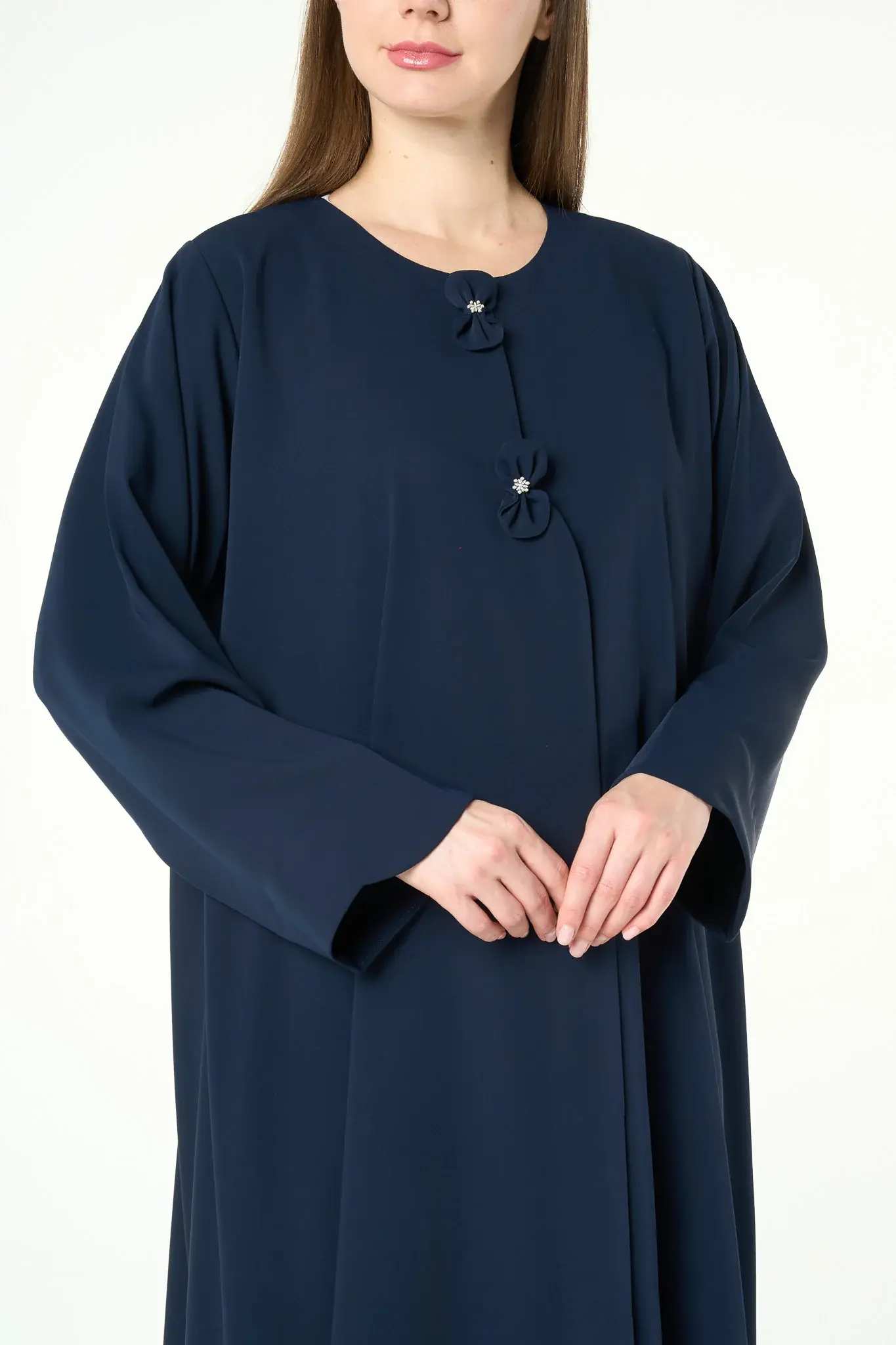 Blue Zoe Crepe Abaya with Decorative Bow Buttons