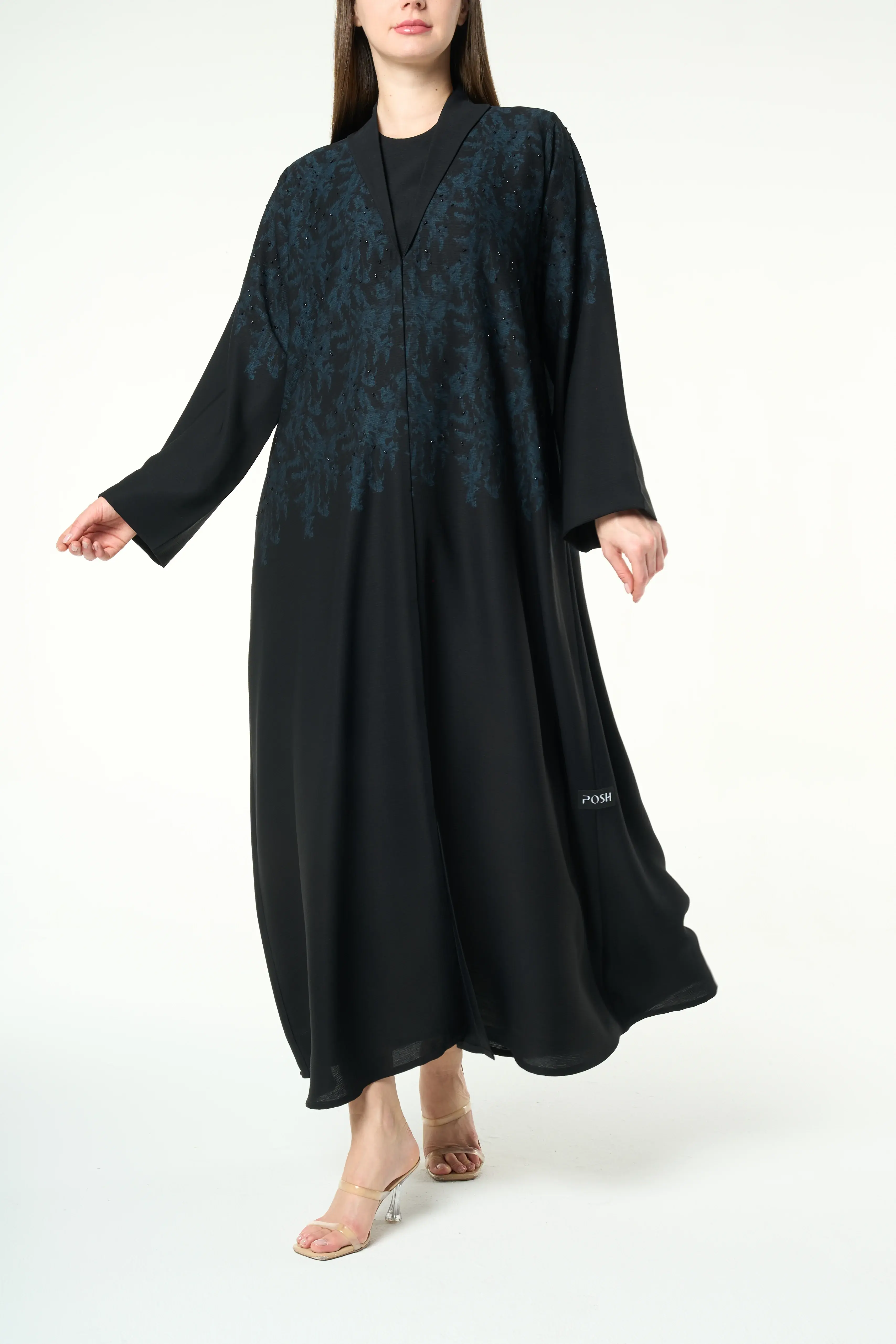 Black Zari Crepe, blue upper pattern