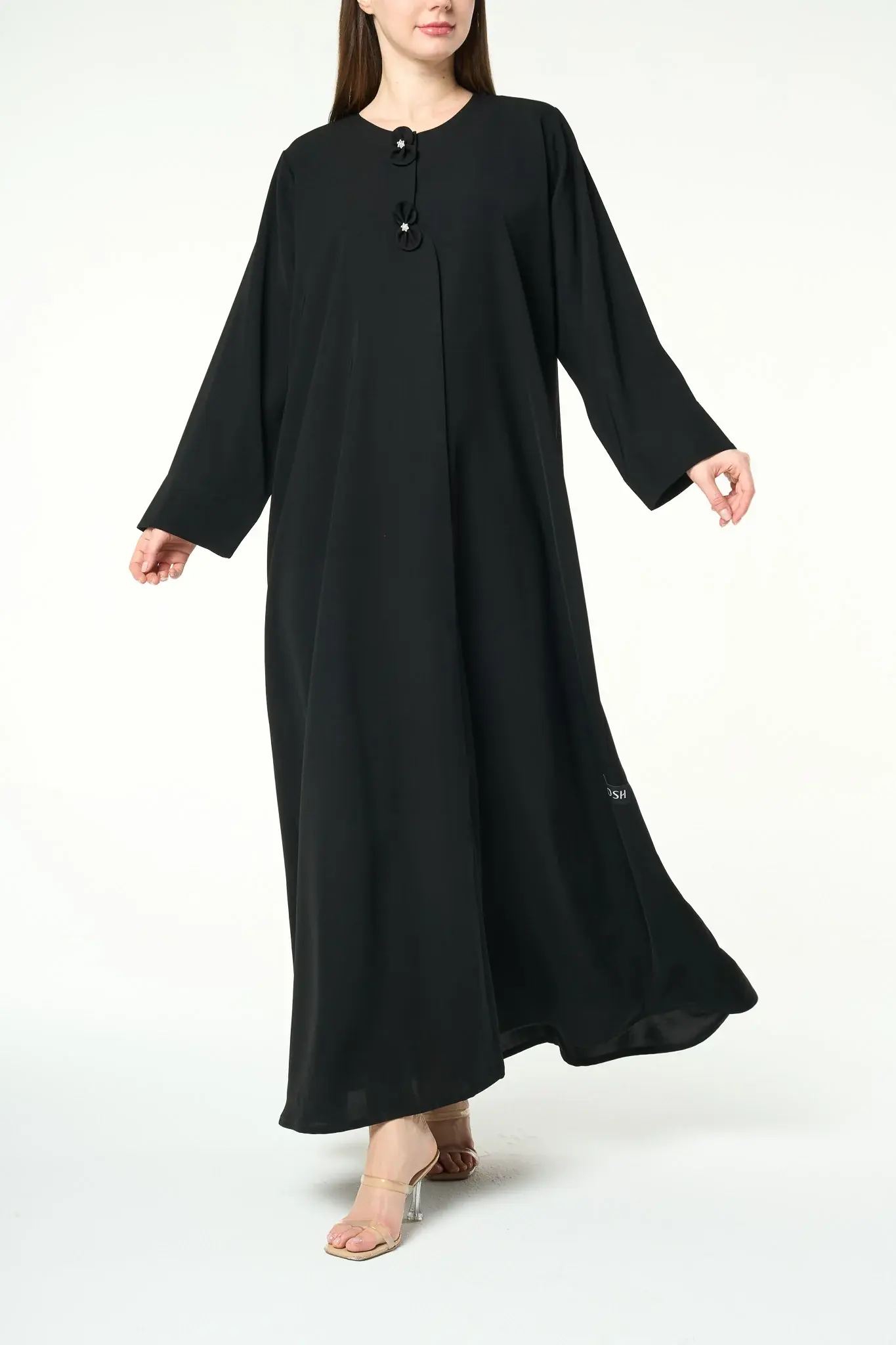 Black Reya Crepe Abaya with Decorative Bow Buttons