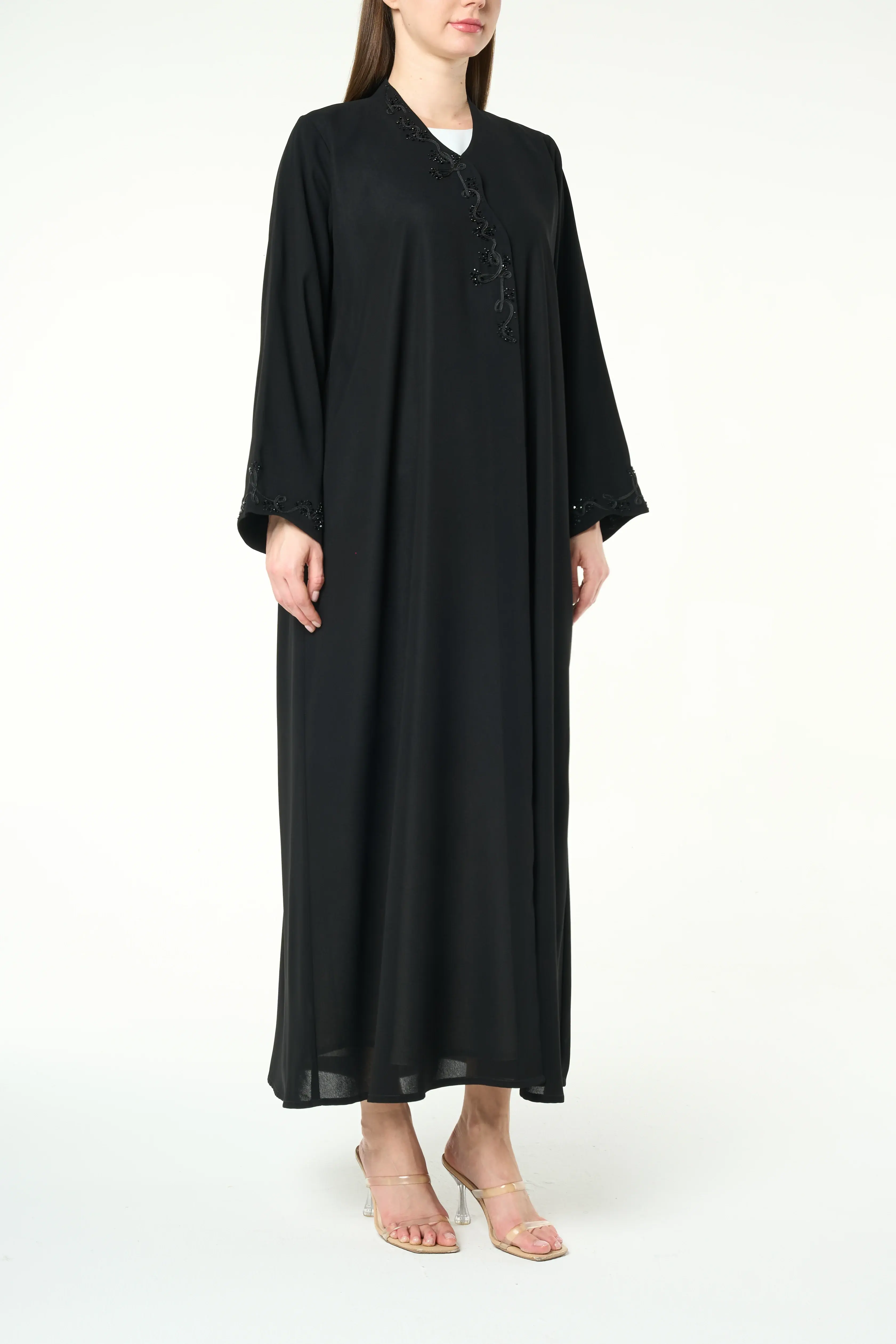 Black Shafa Crepe Abaya with Beaded Vine Detailing