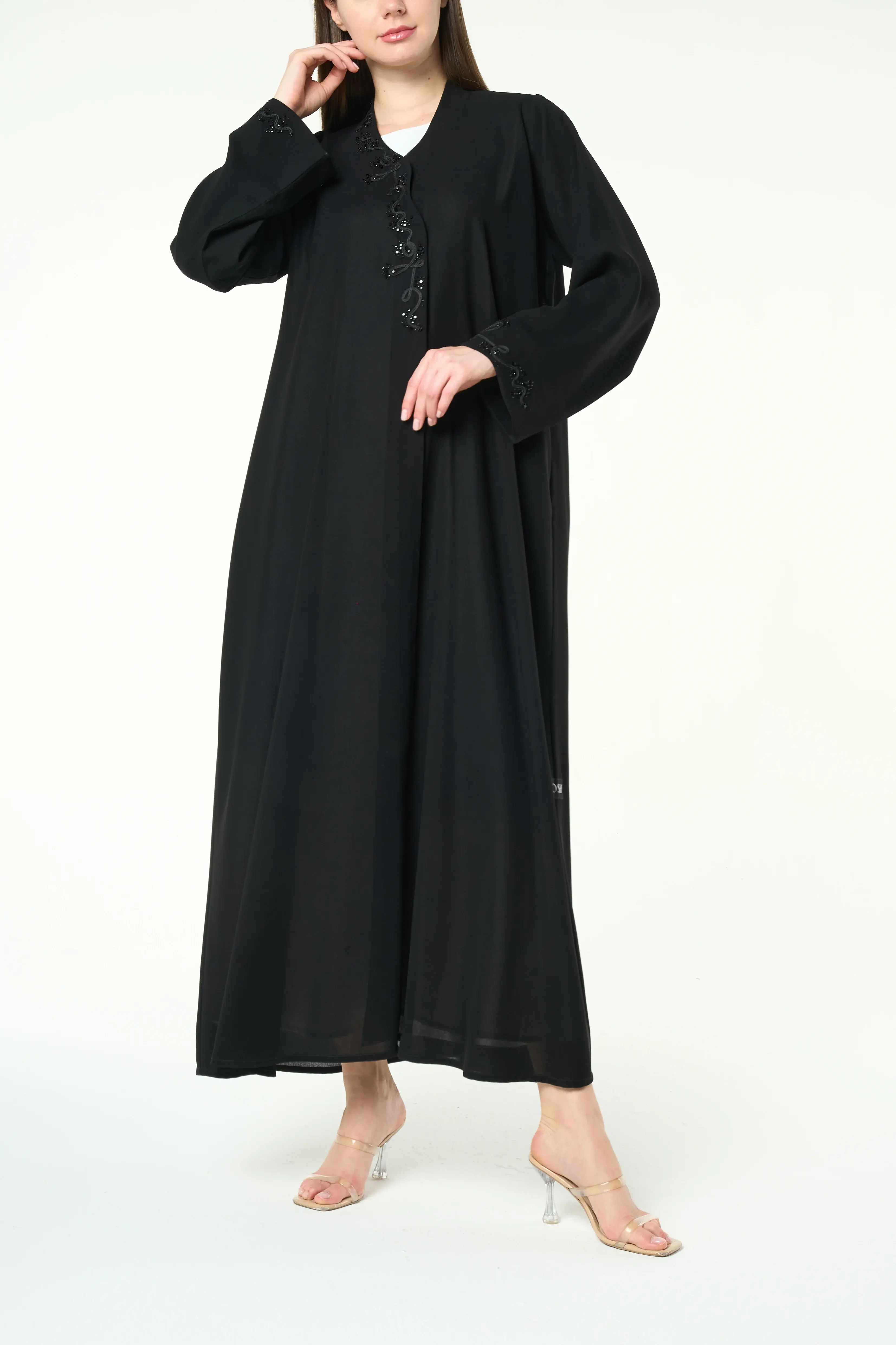 Black Shafa Crepe Abaya with Beaded Vine Detailing