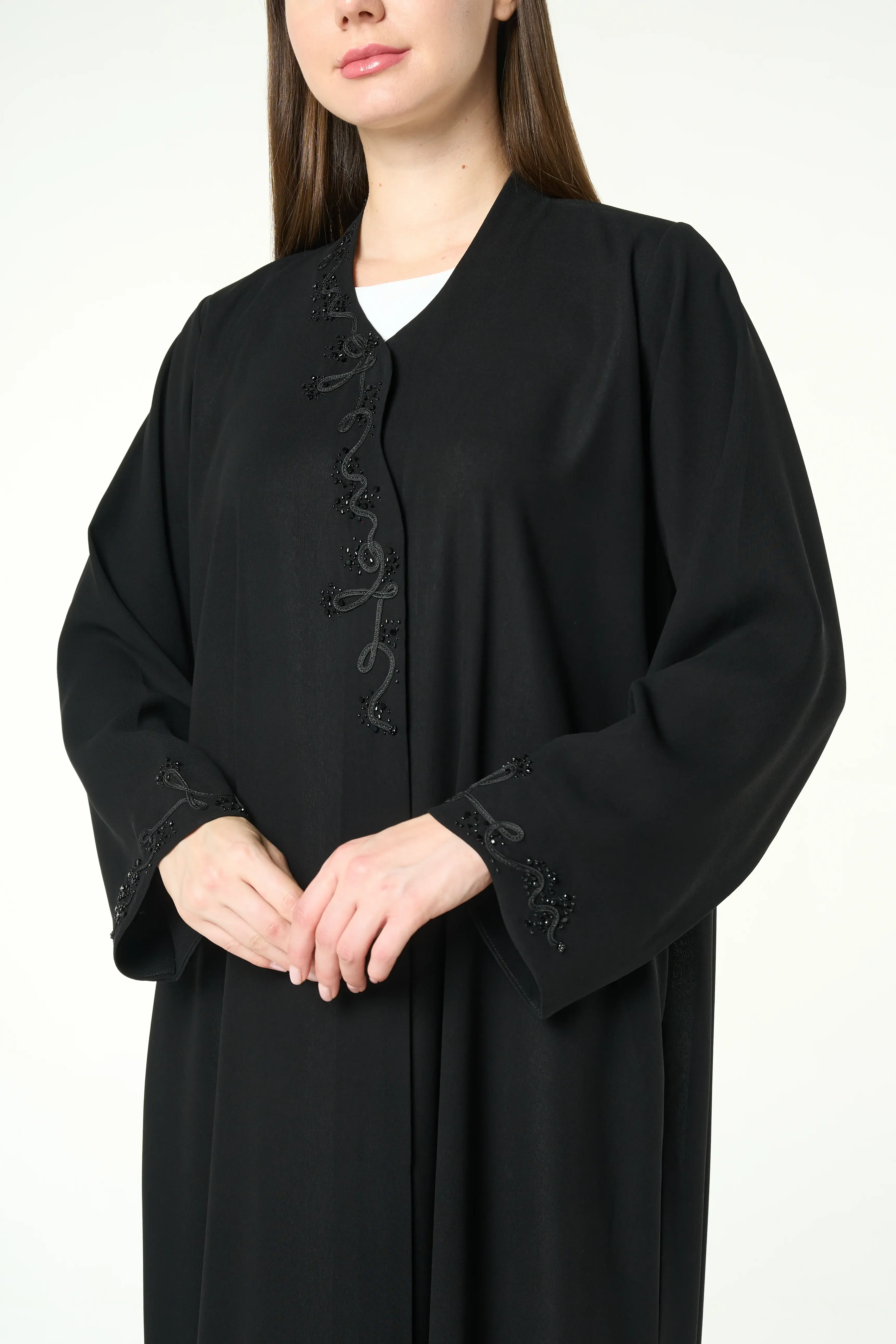 Black Shafa Crepe Abaya with Beaded Vine Detailing