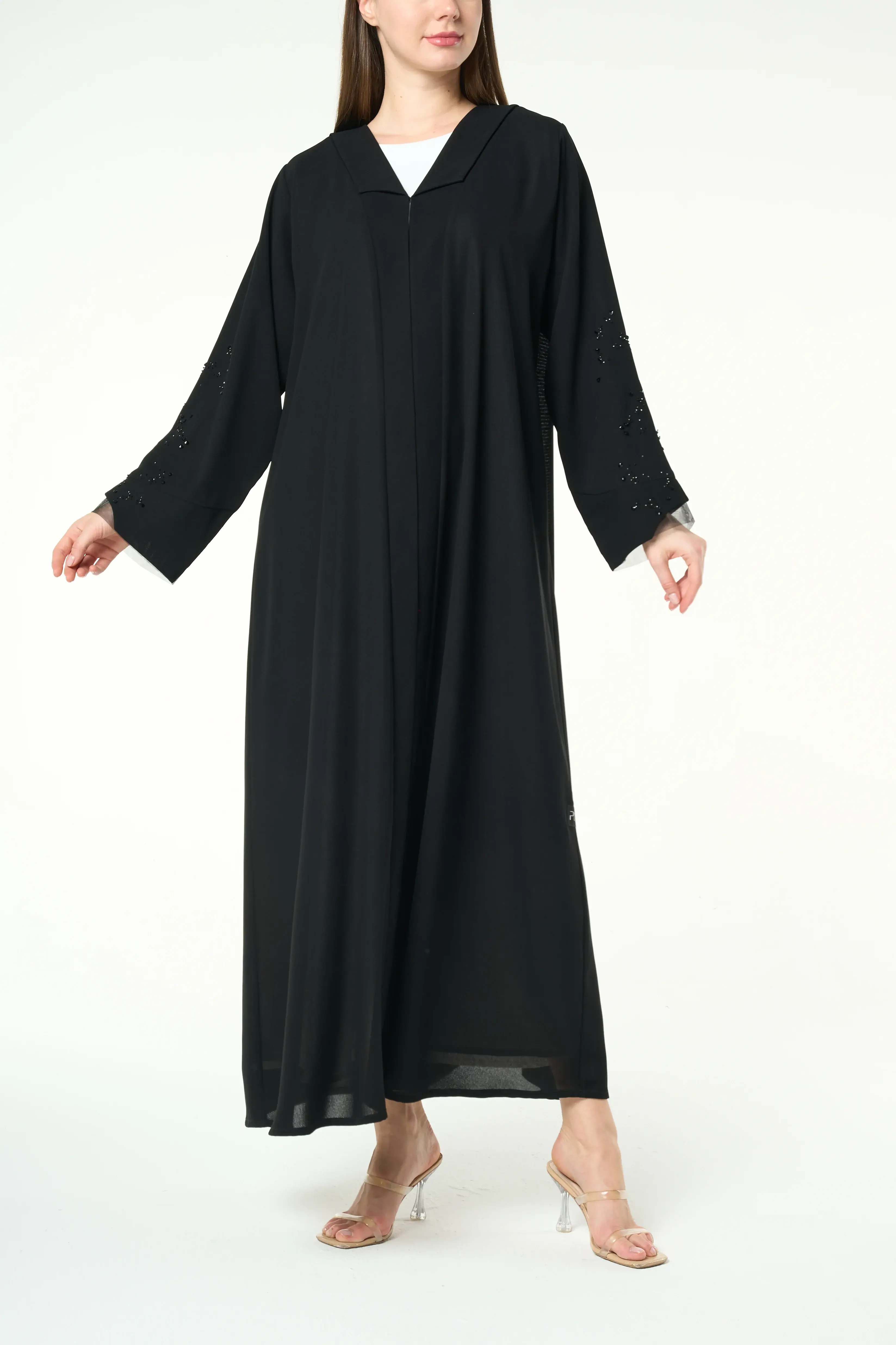Black Shafa Crepe Abaya with Beaded Sleeve Detail