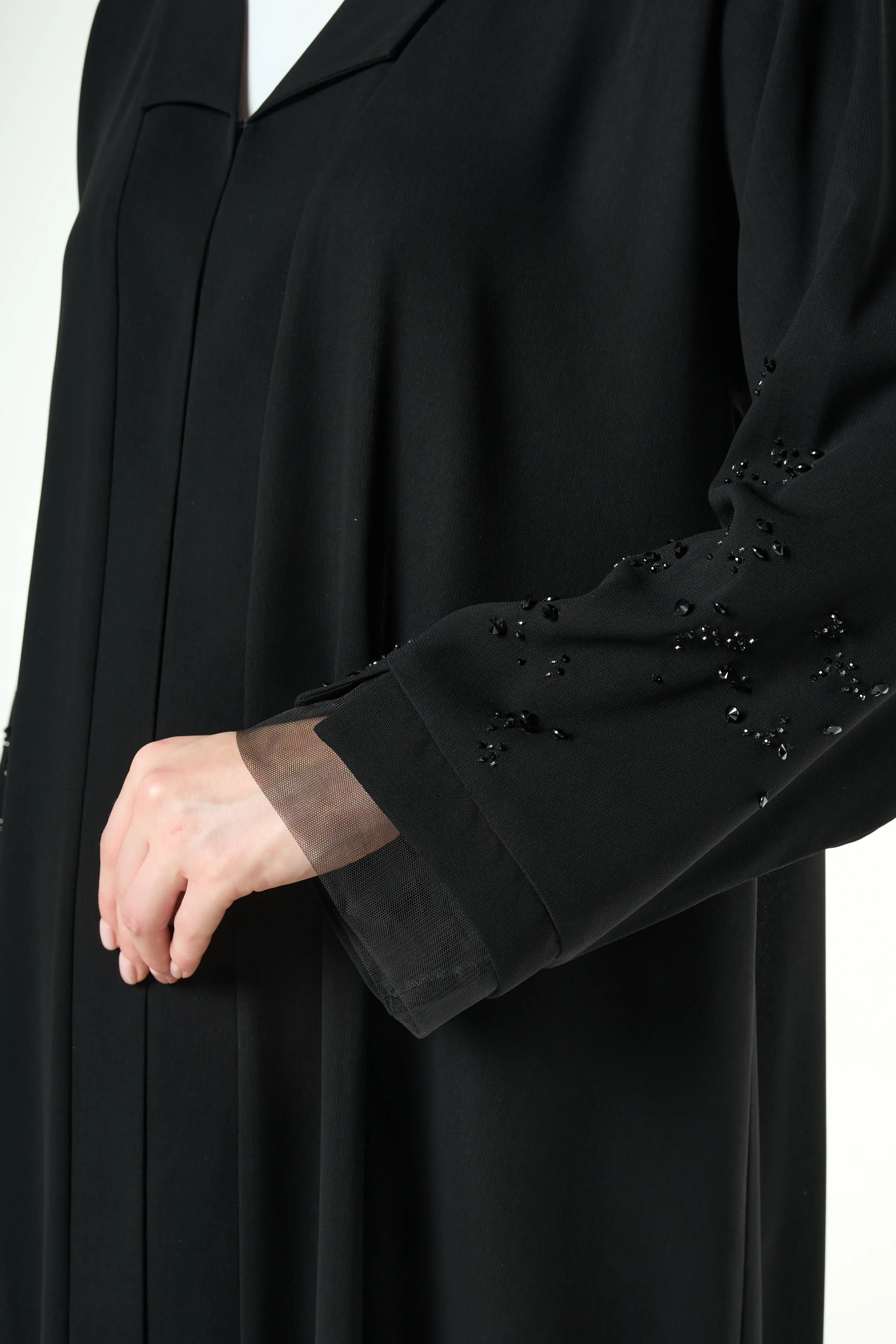 Black Shafa Crepe Abaya with Beaded Sleeve Detail