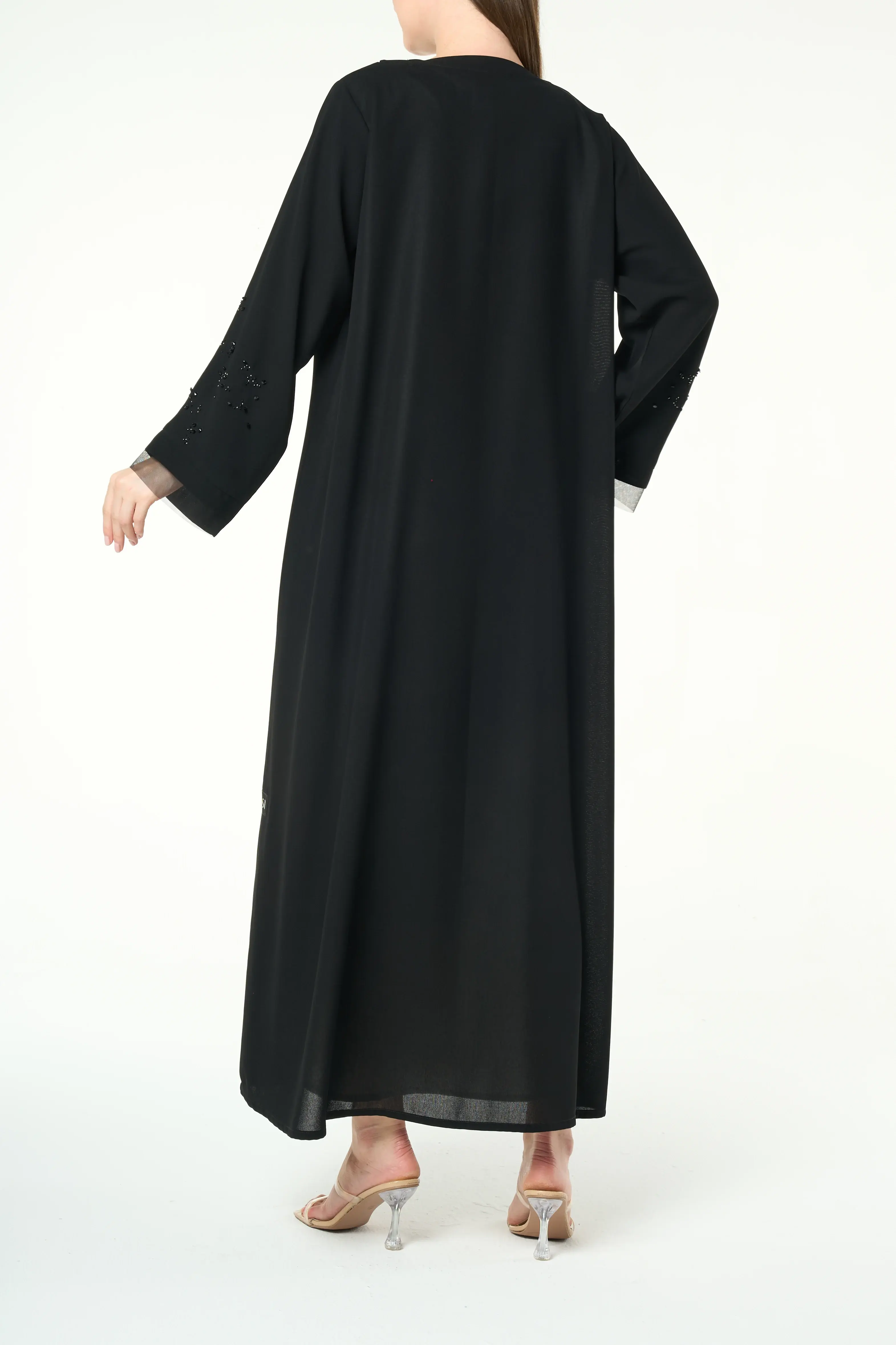 Black Shafa Crepe Abaya with Beaded Sleeve Detail