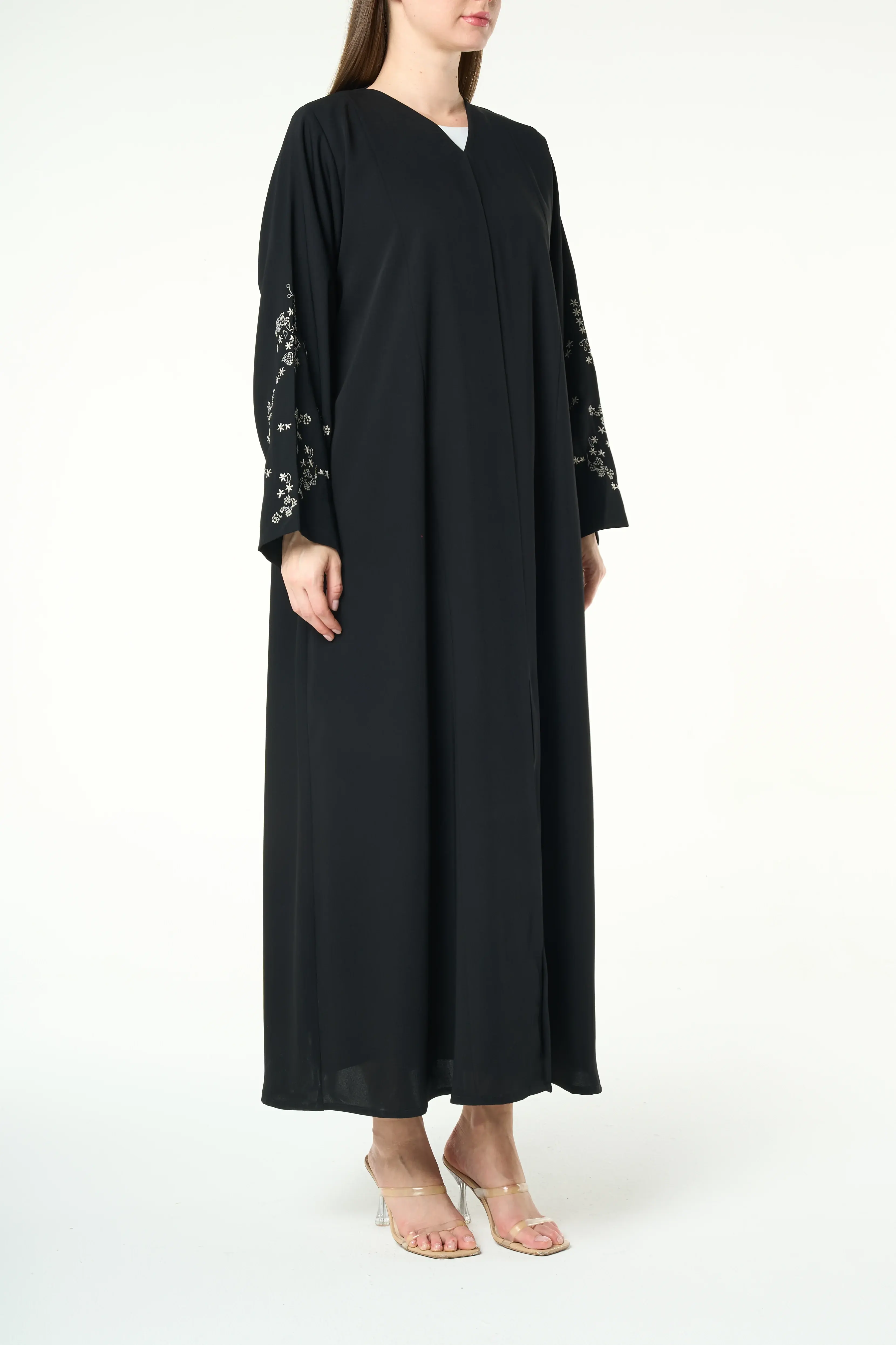 Black Layan Crepe Abaya with Tonal Sleeve Embroidery