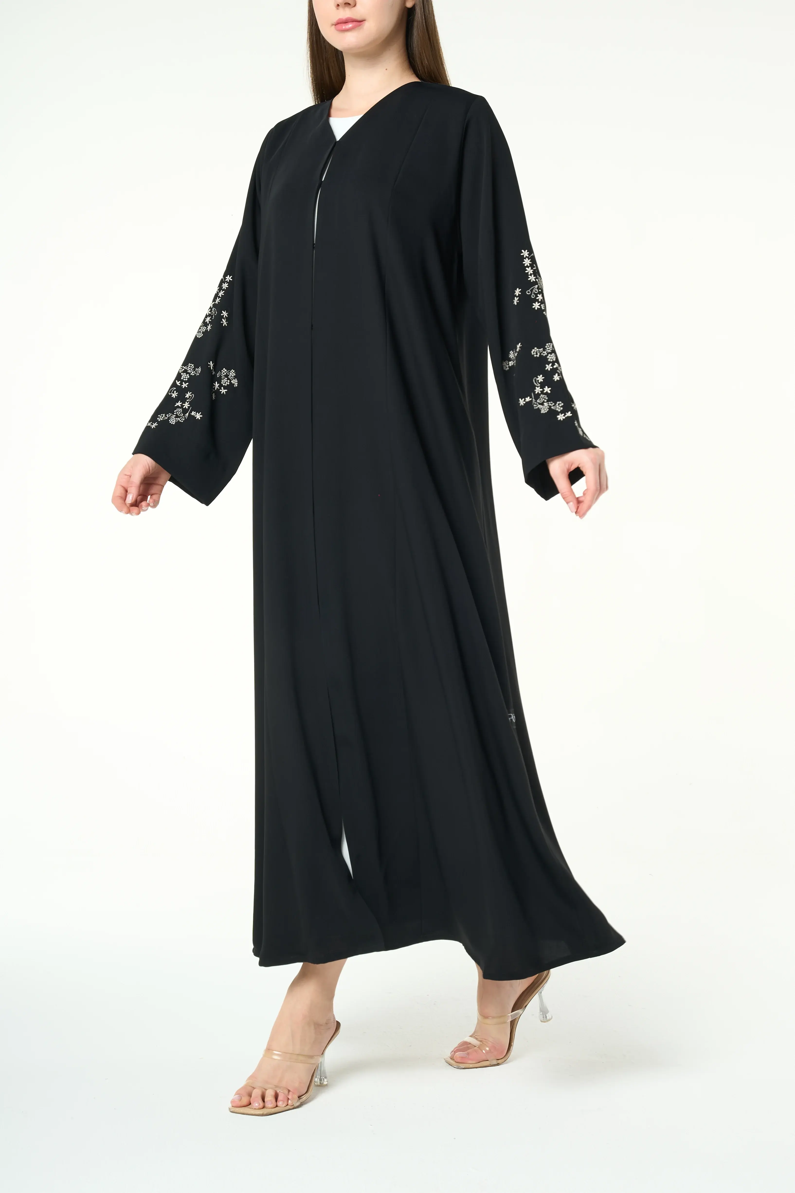 Black Layan Crepe Abaya with Tonal Sleeve Embroidery