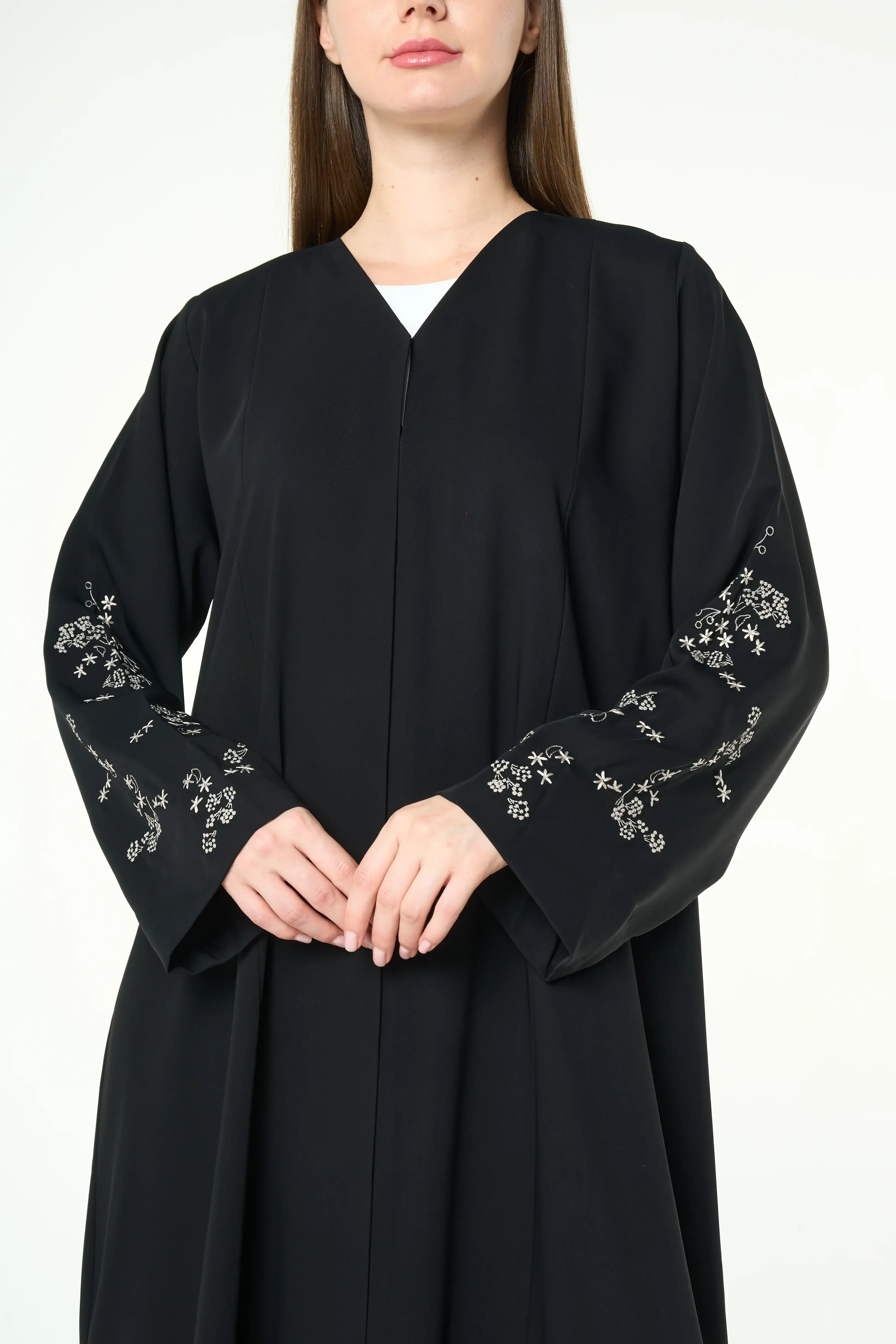 Black Layan Crepe Abaya with Tonal Sleeve Embroidery