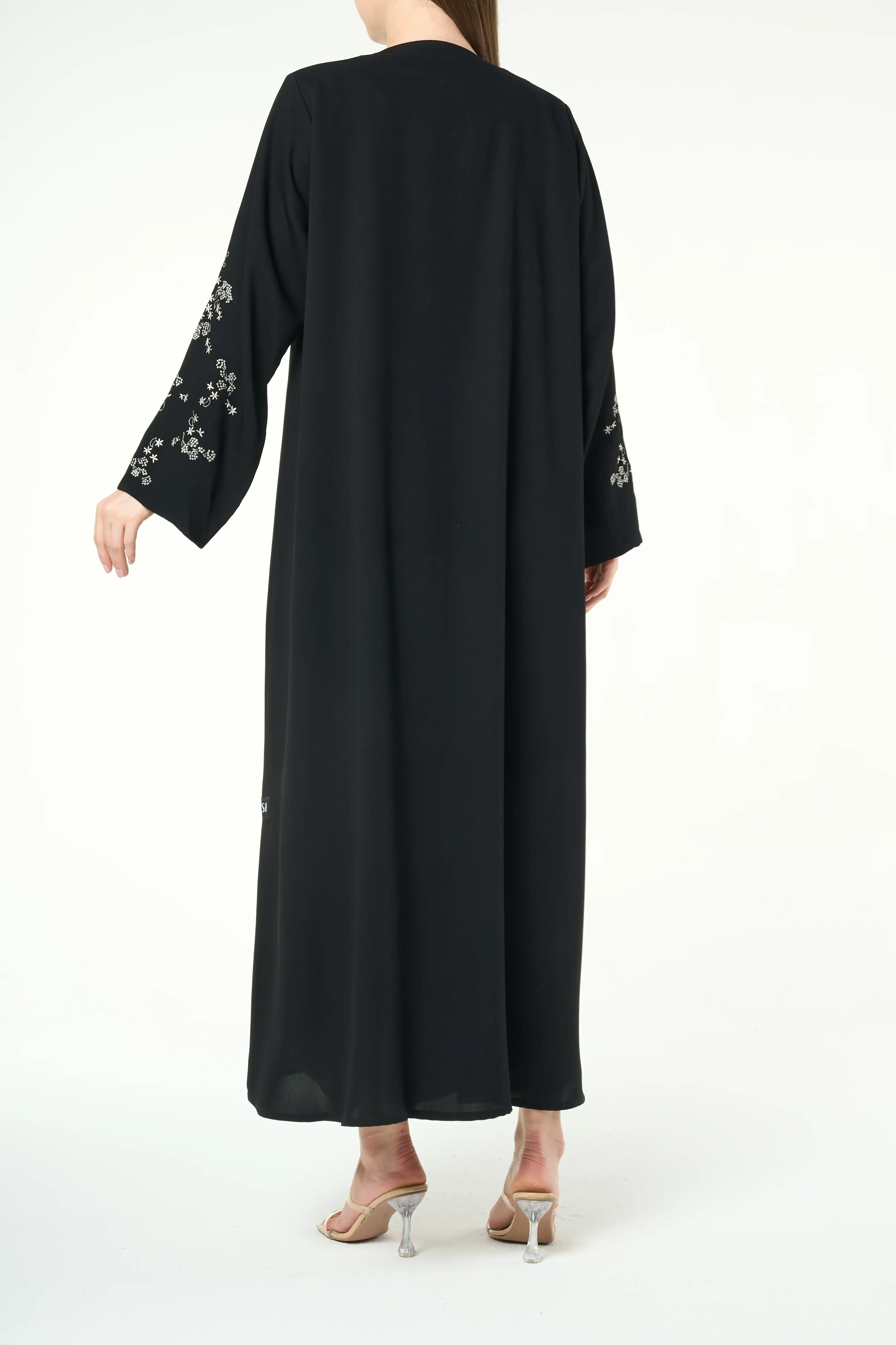 Black Layan Crepe Abaya with Tonal Sleeve Embroidery