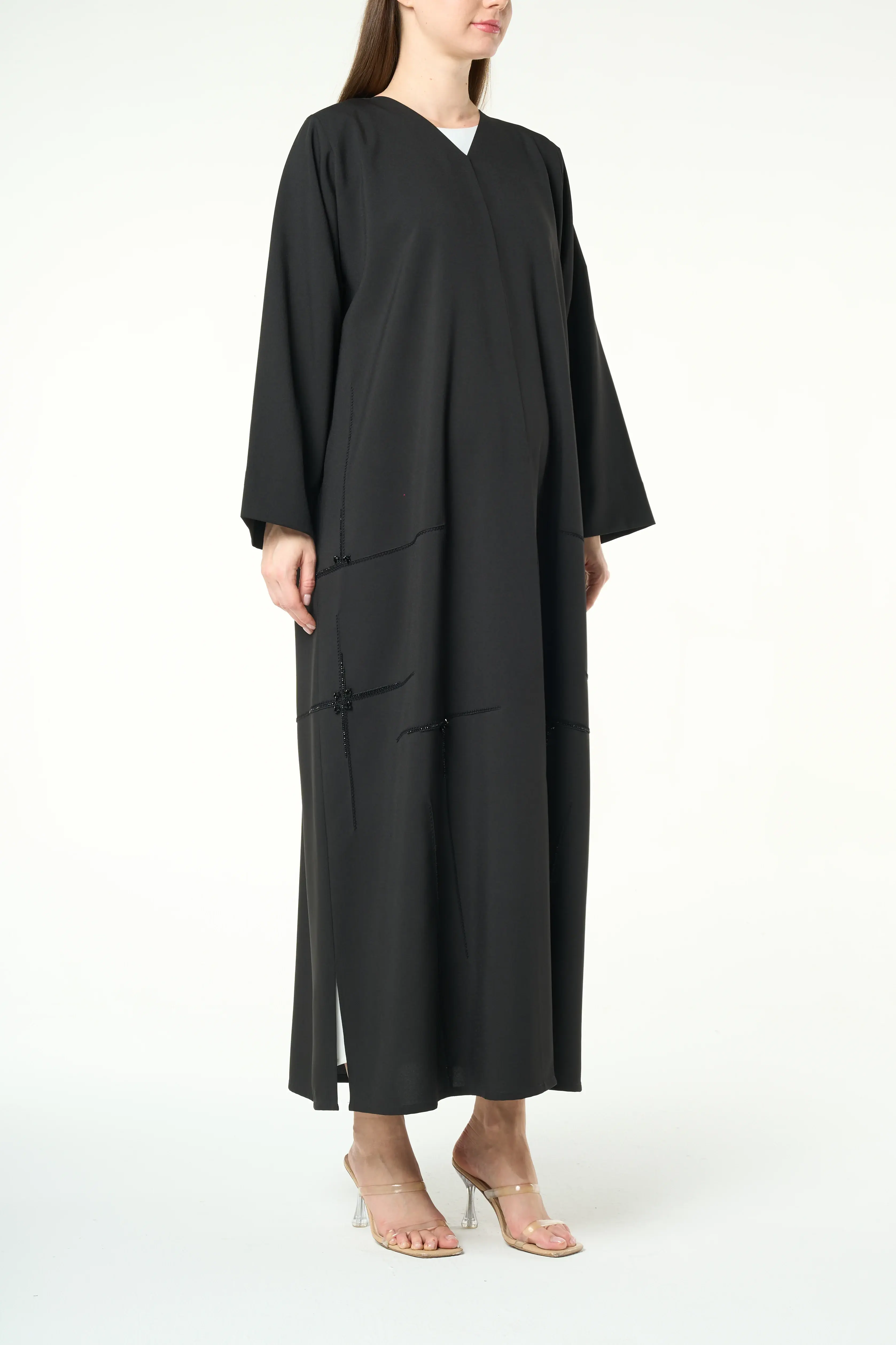 Black Kadi Abaya with Cross Bead Embroidery