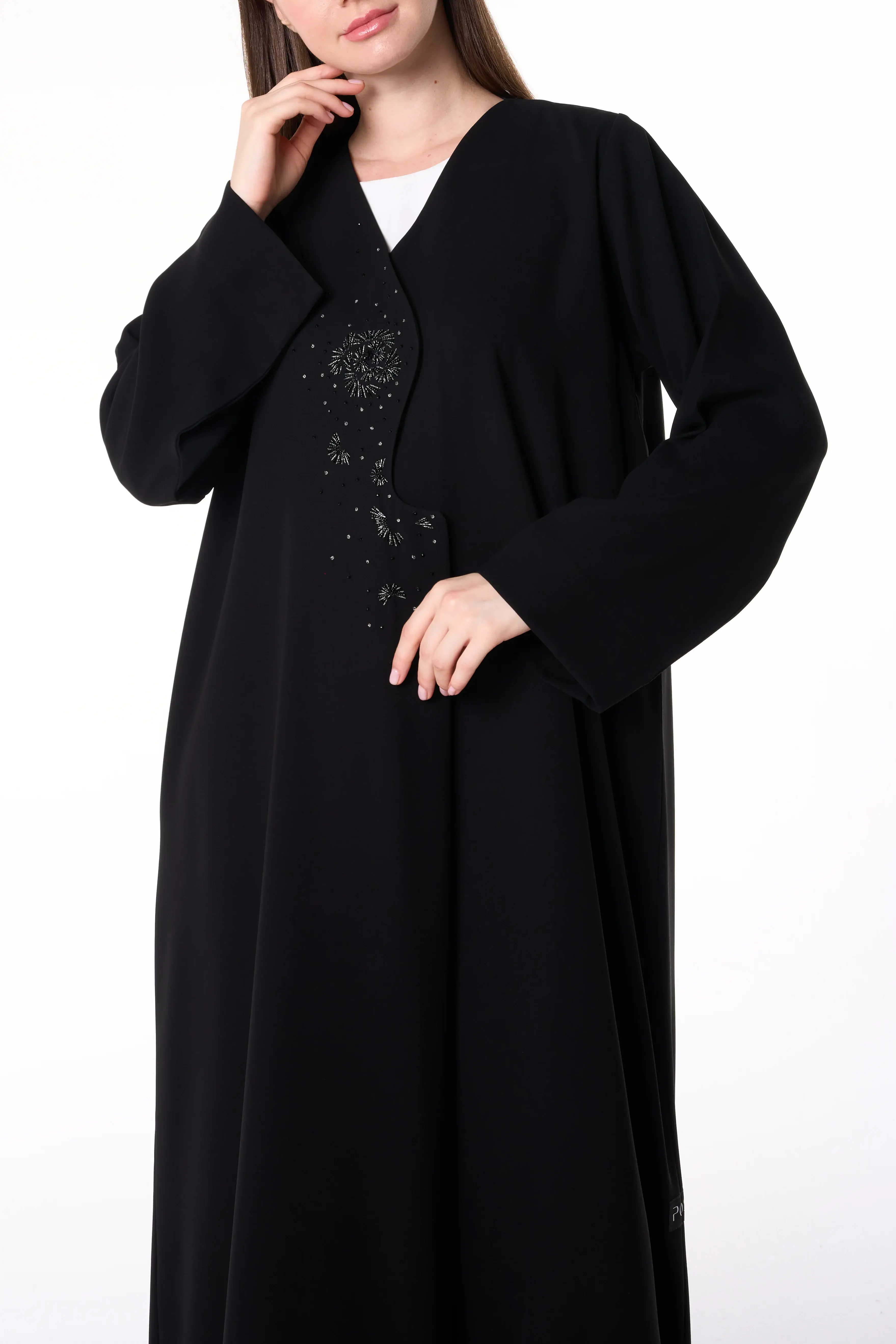 Black Jaime Crepe Abaya with Beadwork Accents