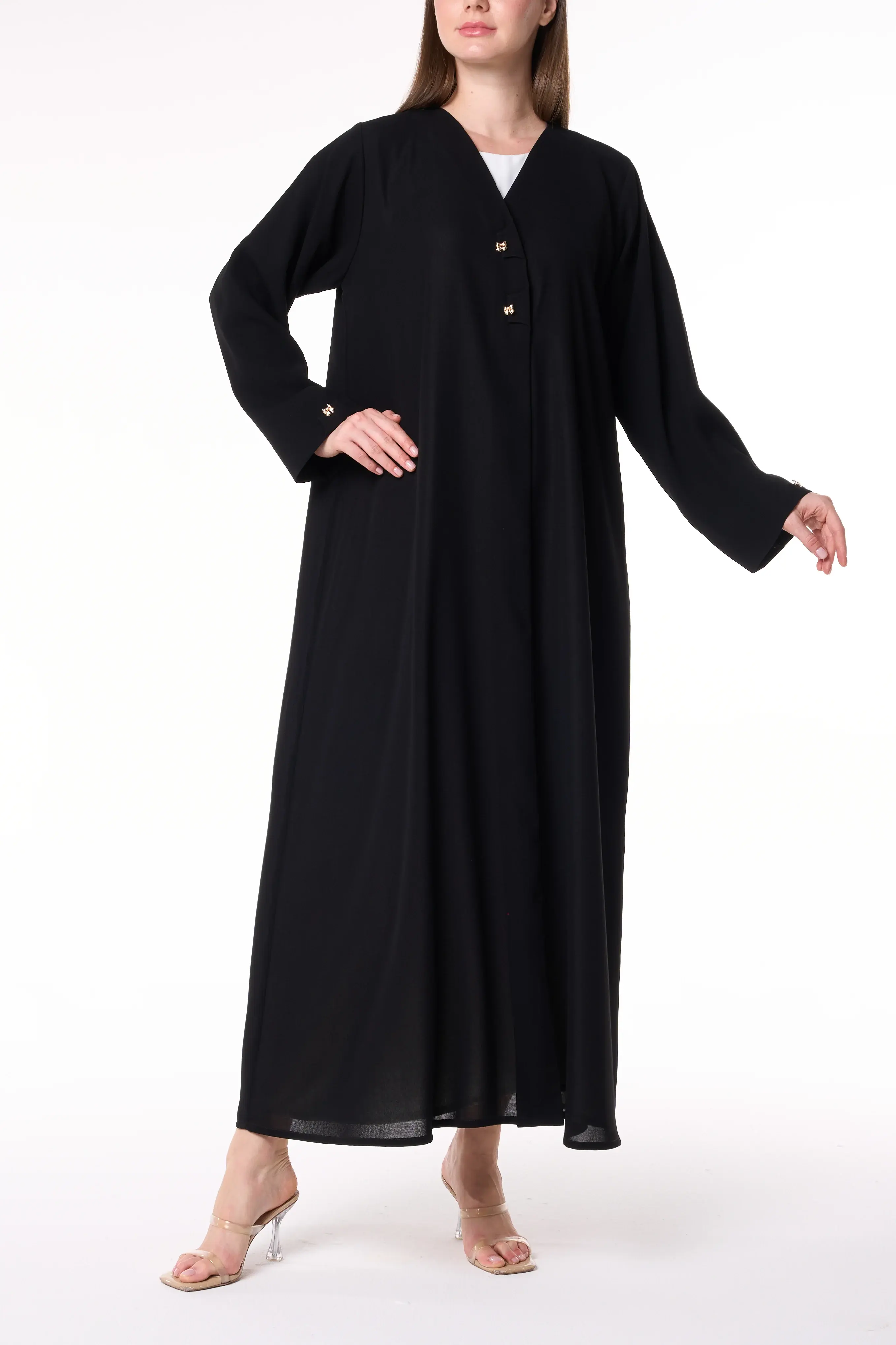 Black Shafa Crepe Abaya with Golden Bow Buttons