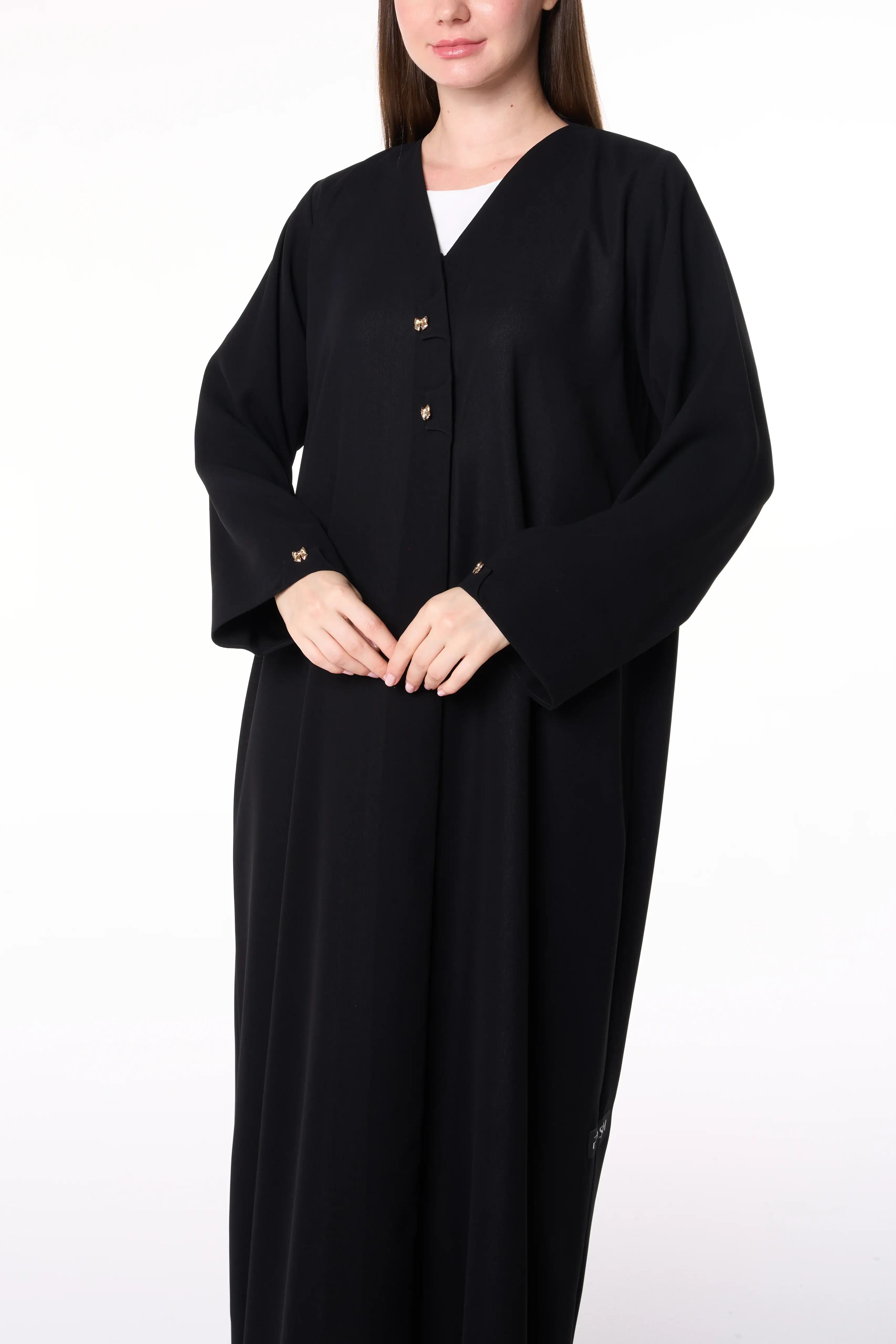 Black Shafa Crepe Abaya with Golden Bow Buttons