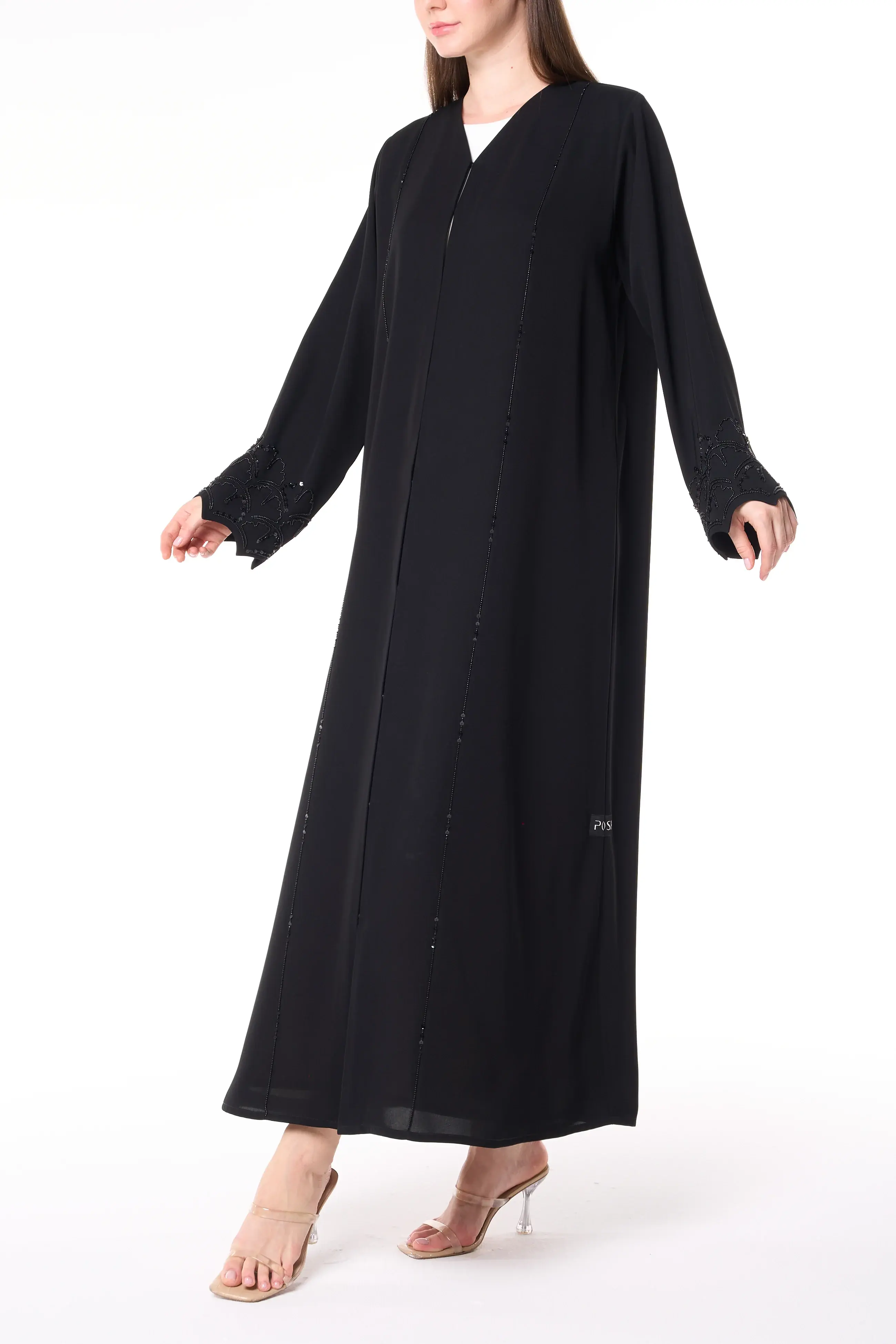 Black Farasha Crepe Abaya with Beaded Sleeve Embroidery