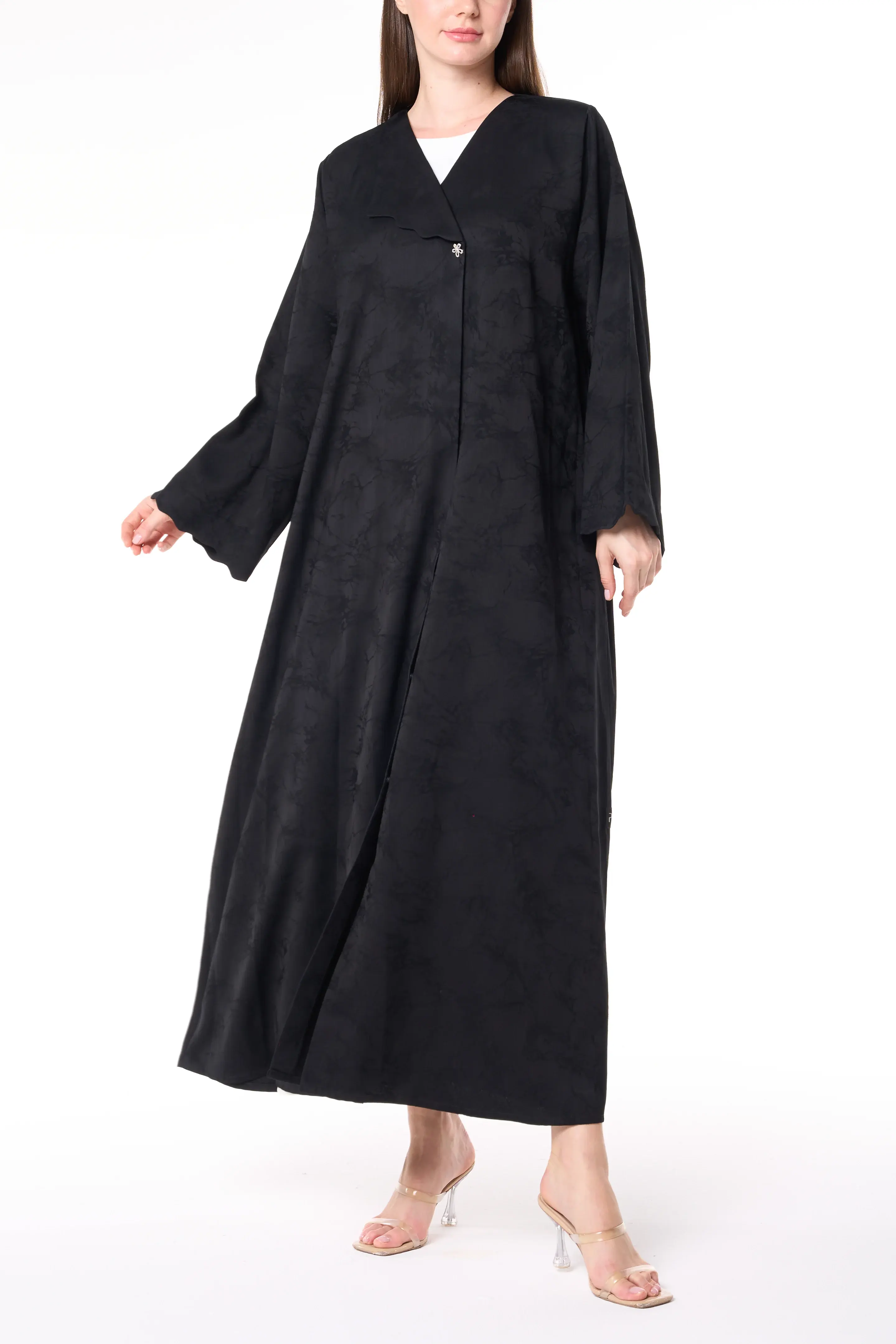 Black Jamaica Jacquard Abaya with V-Neck Collar