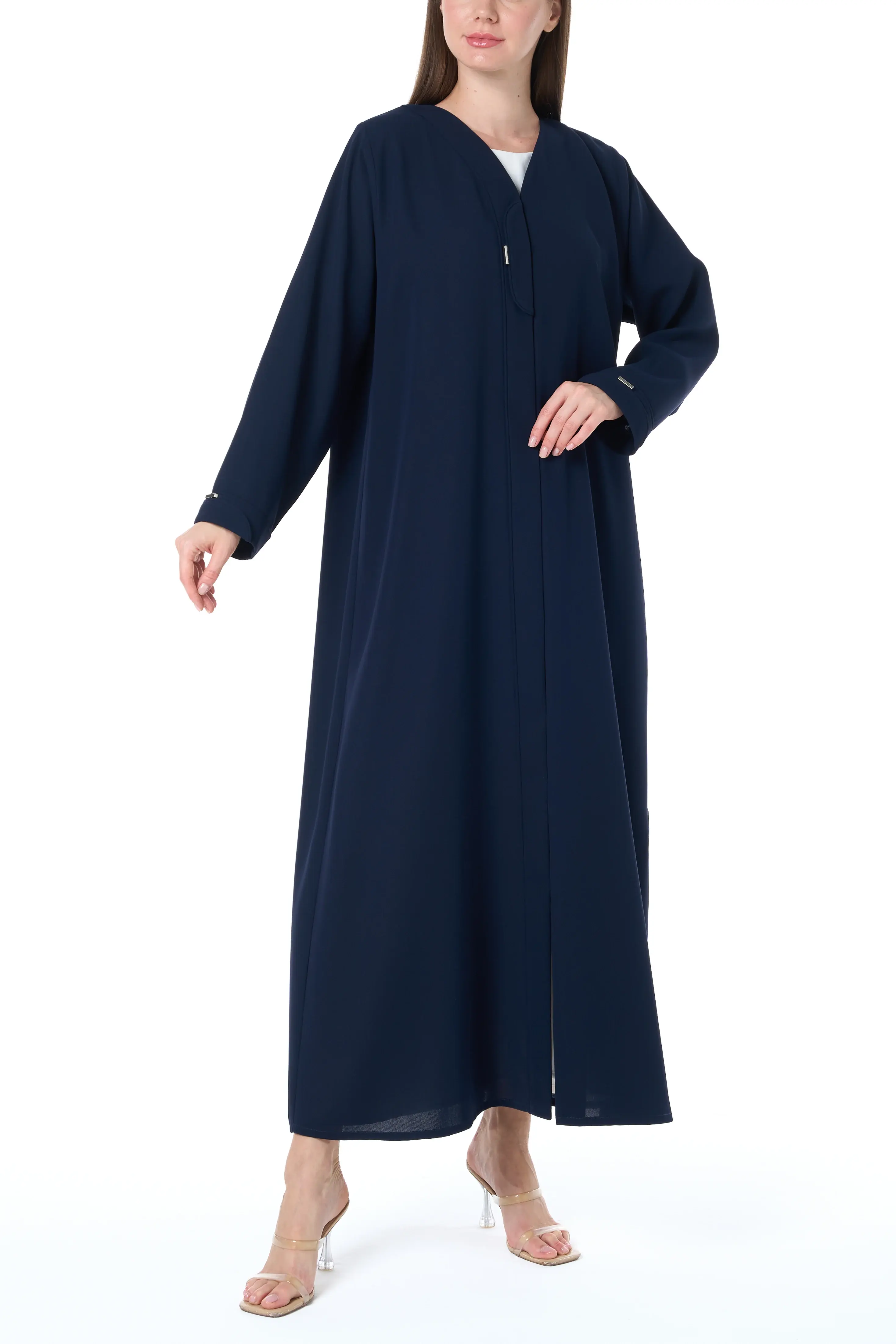 Blue Wave Crepe Abaya with Front Piping and Silver Button Detail