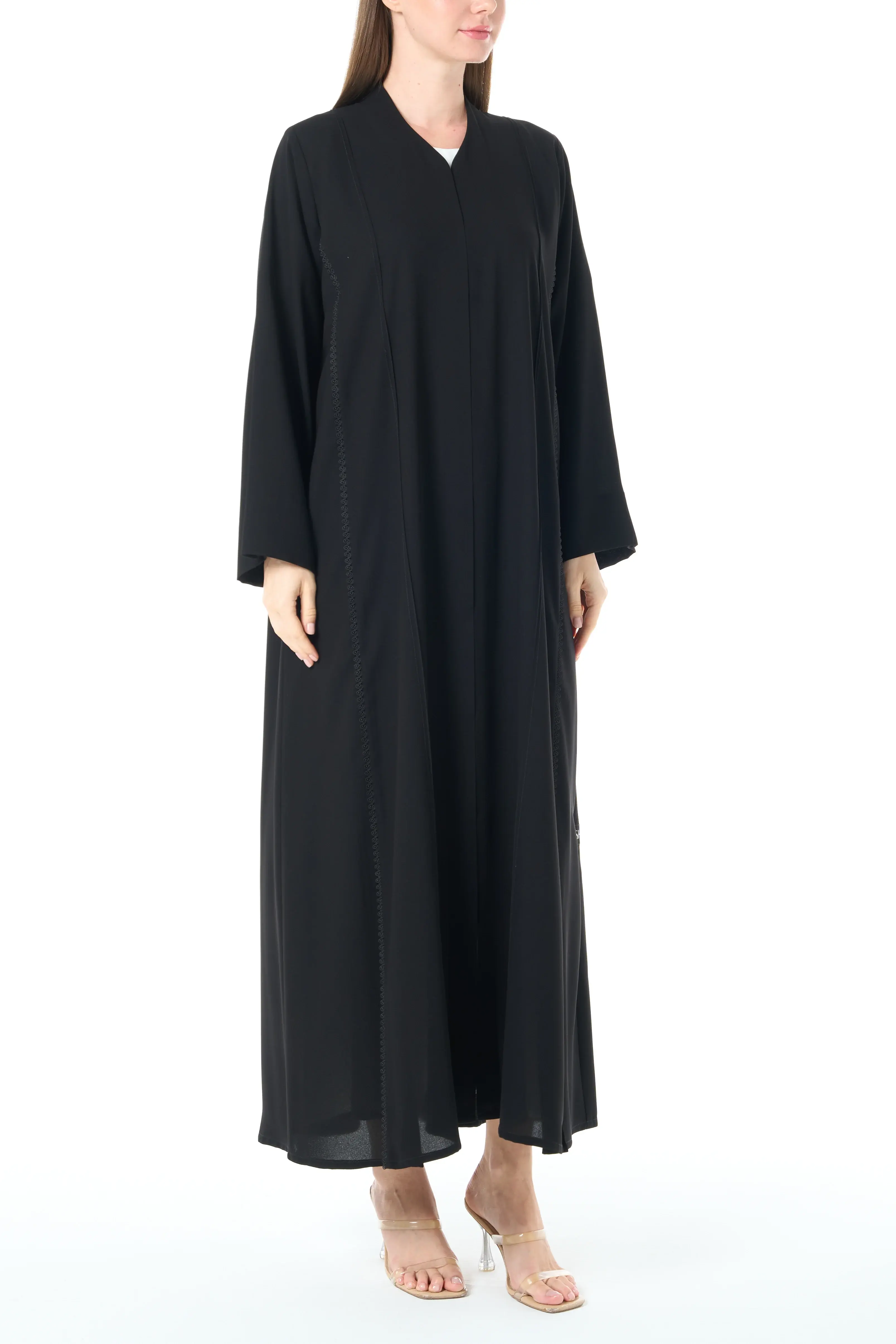 Jet Black Claire Crepe Abaya with Klosh Silhouette and Clean Minimal Finish