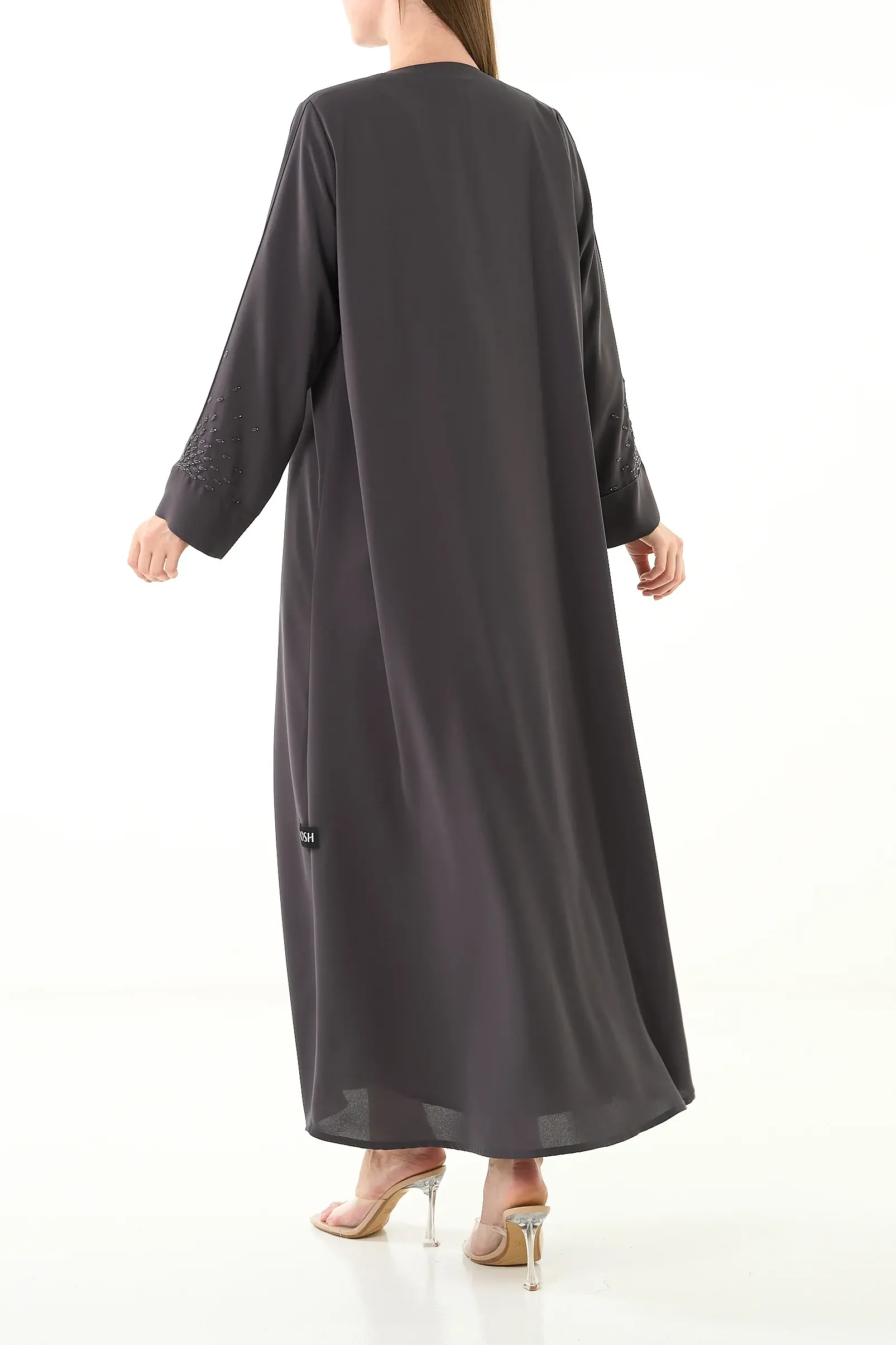 Grey Claire Crepe Abaya with Klosh Cut and Minimal Beadwork