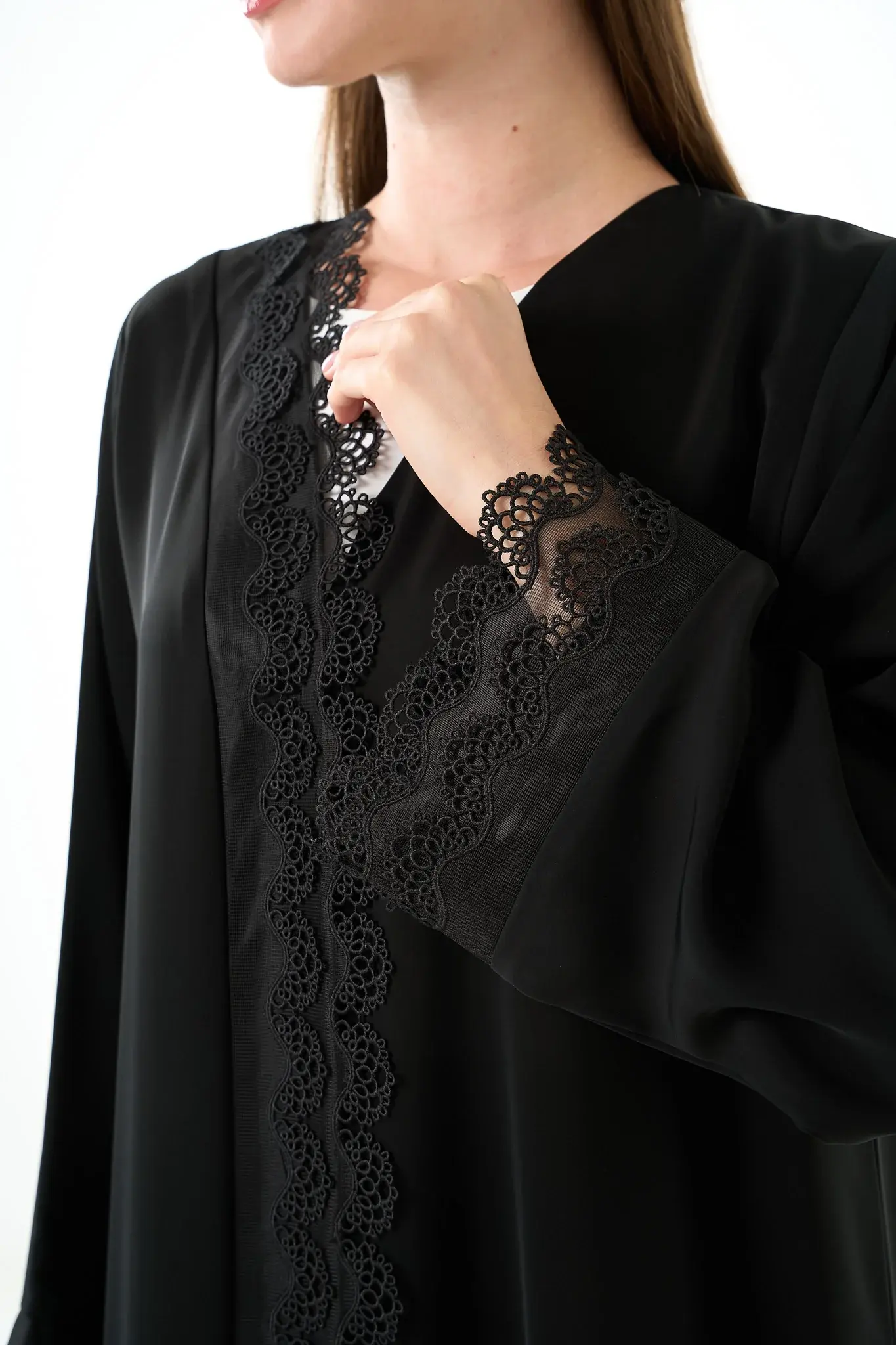 Black Elite Nada Abaya with Straight Cut and Lace Trim Detailing