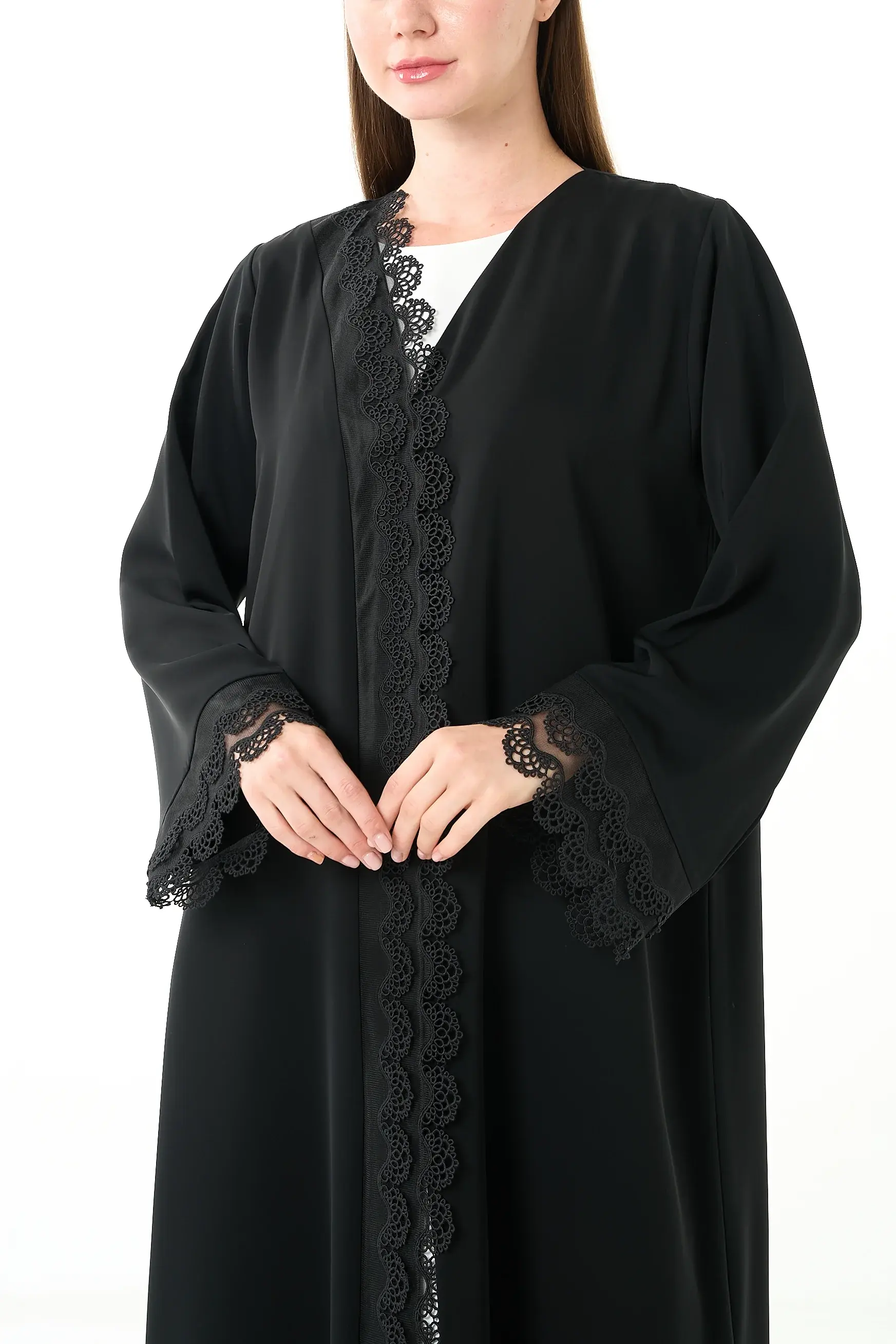 Black Elite Nada Abaya with Straight Cut and Lace Trim Detailing