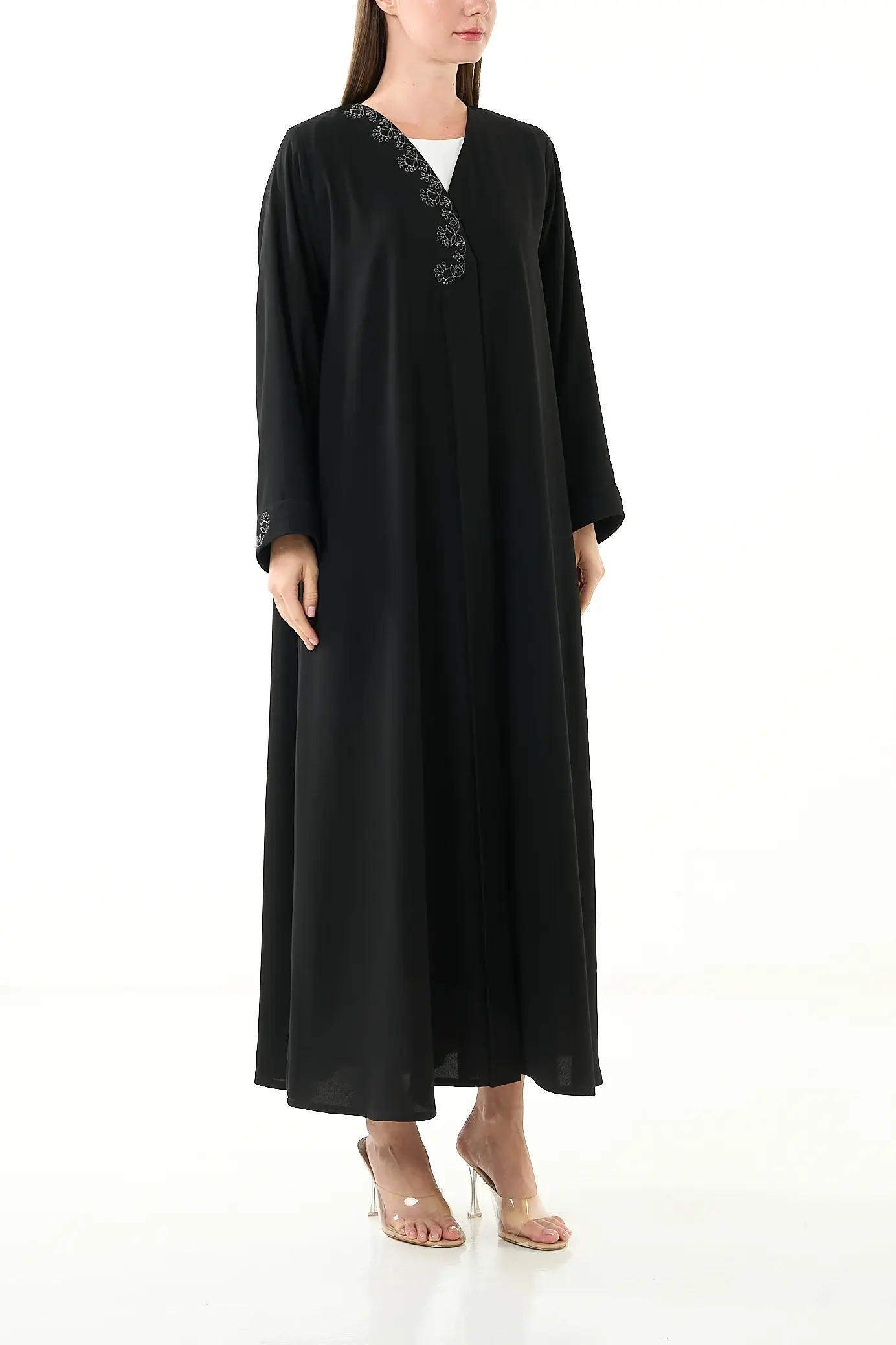 Black Luma Crepe Abaya with Klosh Cut and Embroidered Front Detail