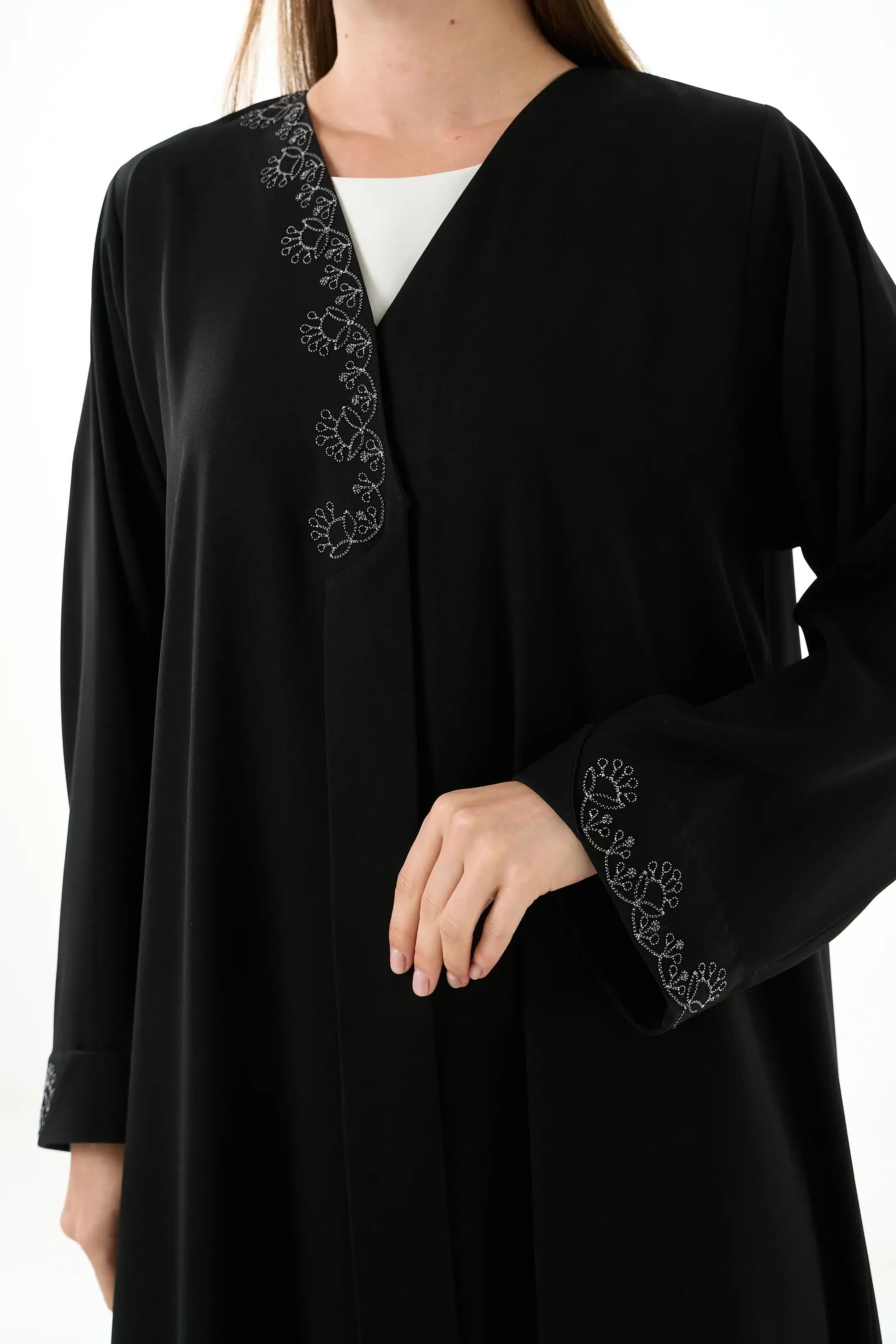 Black Luma Crepe Abaya with Klosh Cut and Embroidered Front Detail