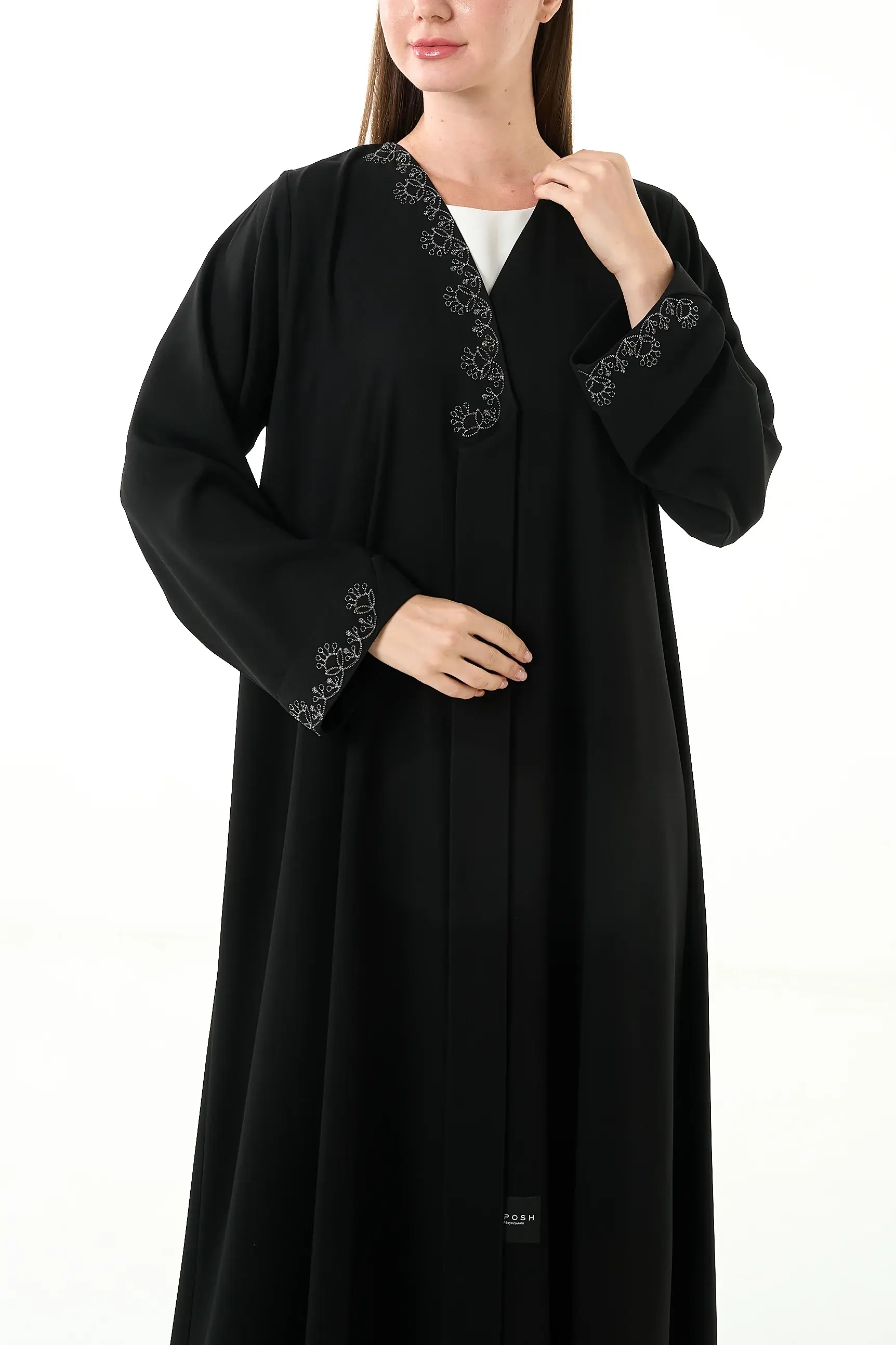 Black Luma Crepe Abaya with Klosh Cut and Embroidered Front Detail