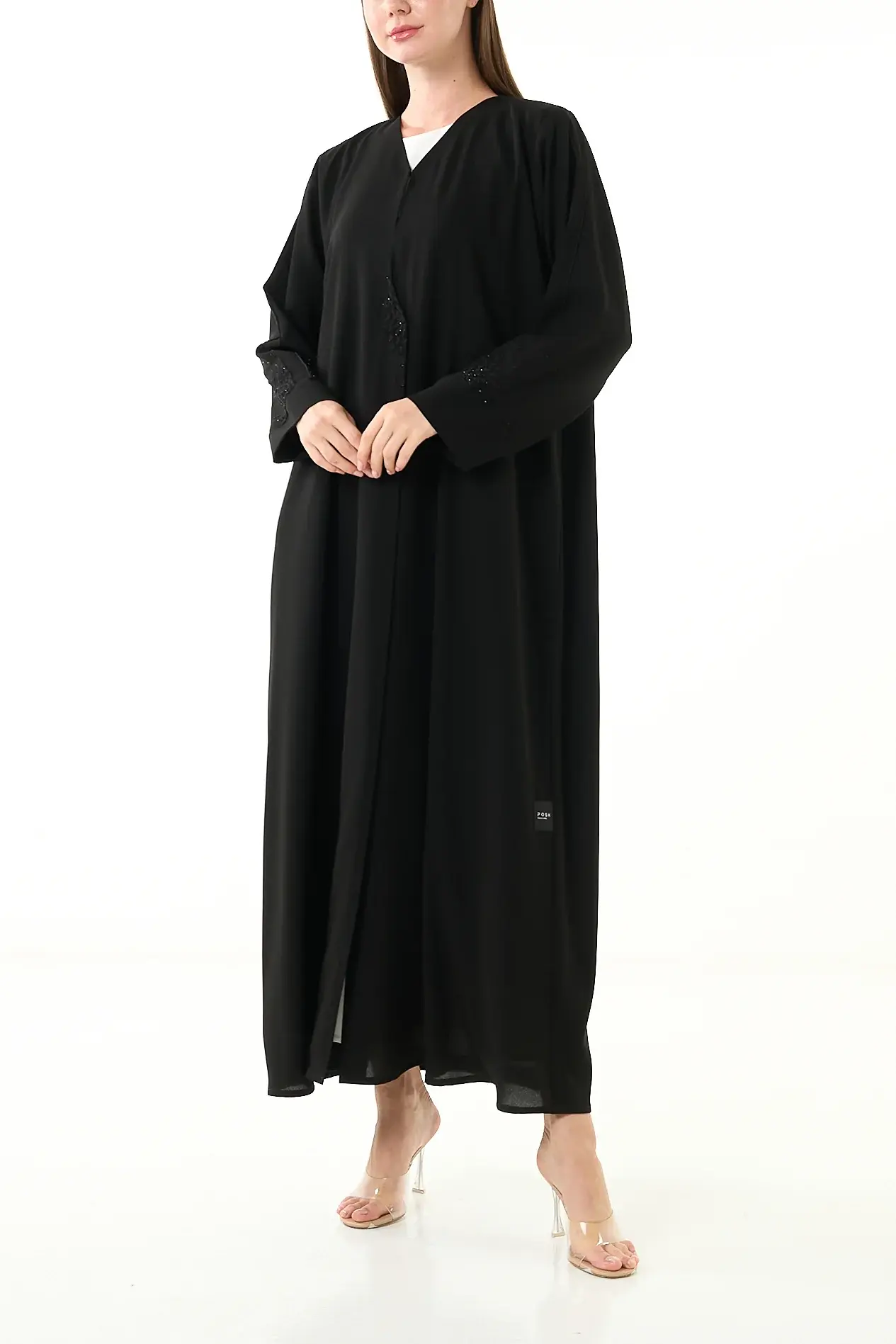 Black Claire Crepe Abaya with Klosh Cut and Minimal Beadwork
