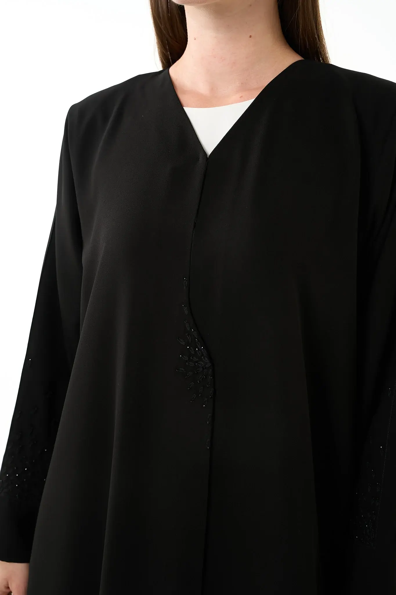 Black Claire Crepe Abaya with Klosh Cut and Minimal Beadwork