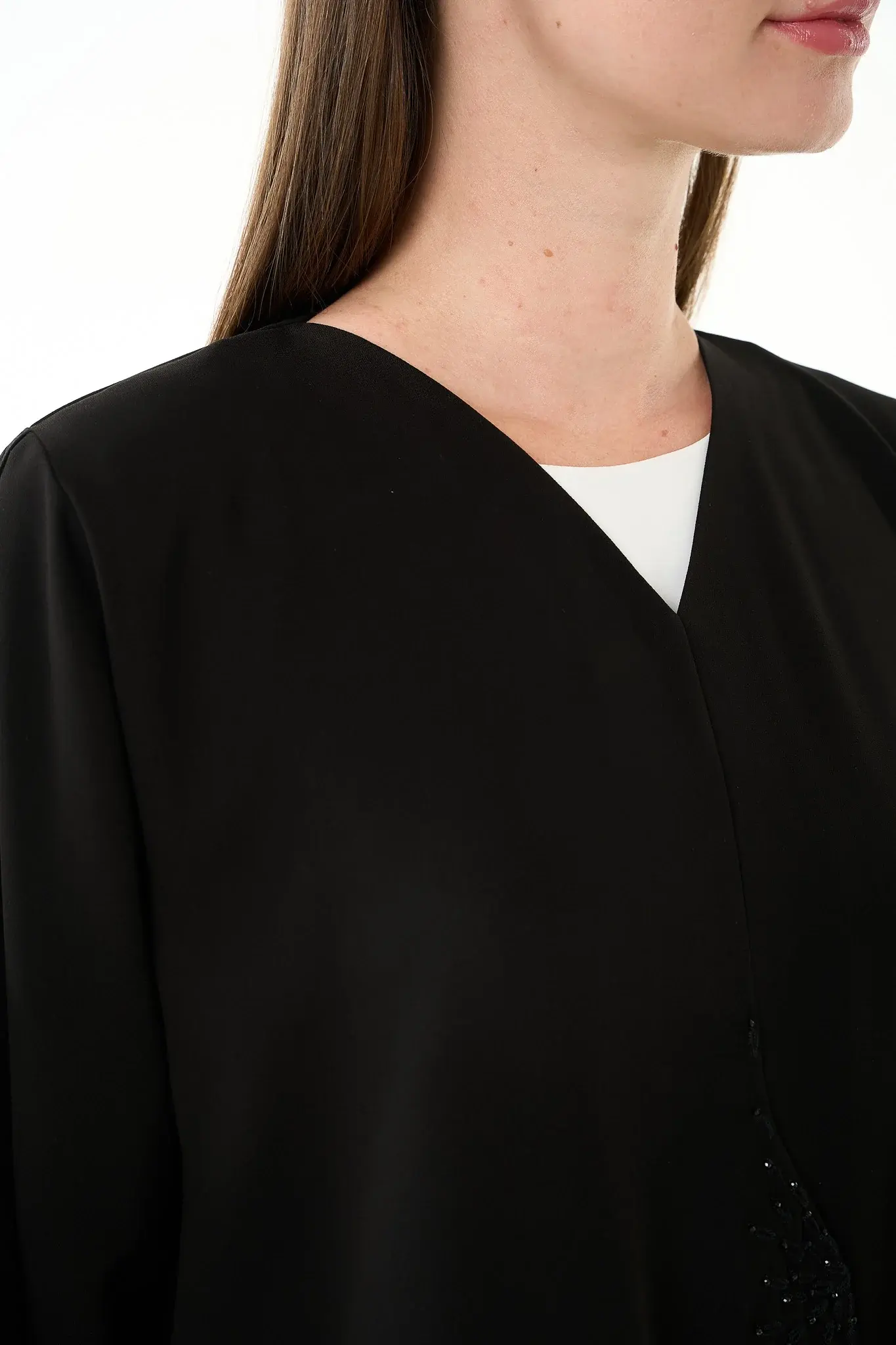 Black Claire Crepe Abaya with Klosh Cut and Minimal Beadwork