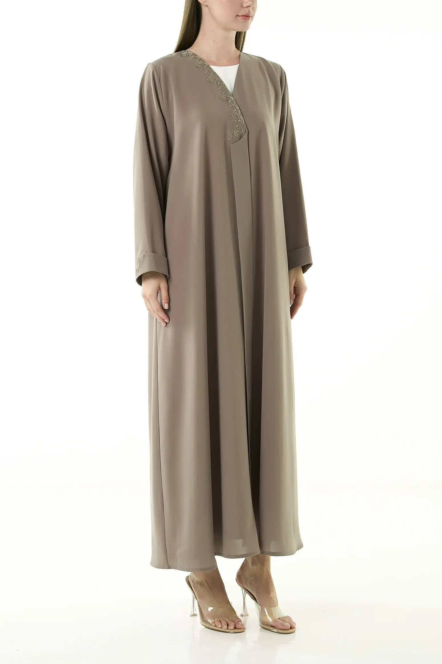 Beige Nova Crepe Abaya with Klosh Cut and Front Embroidery Detail