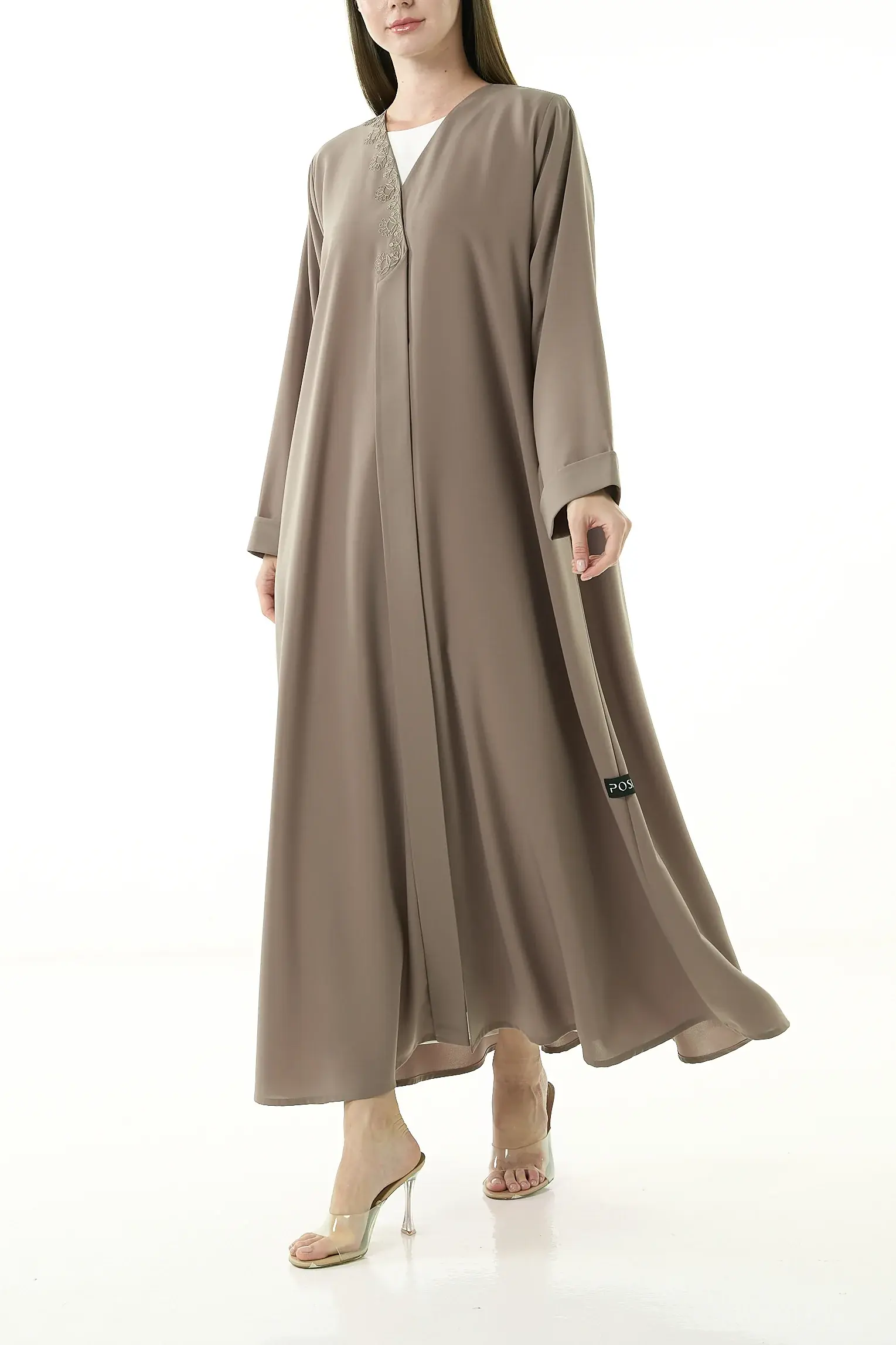 Beige Nova Crepe Abaya with Klosh Cut and Front Embroidery Detail