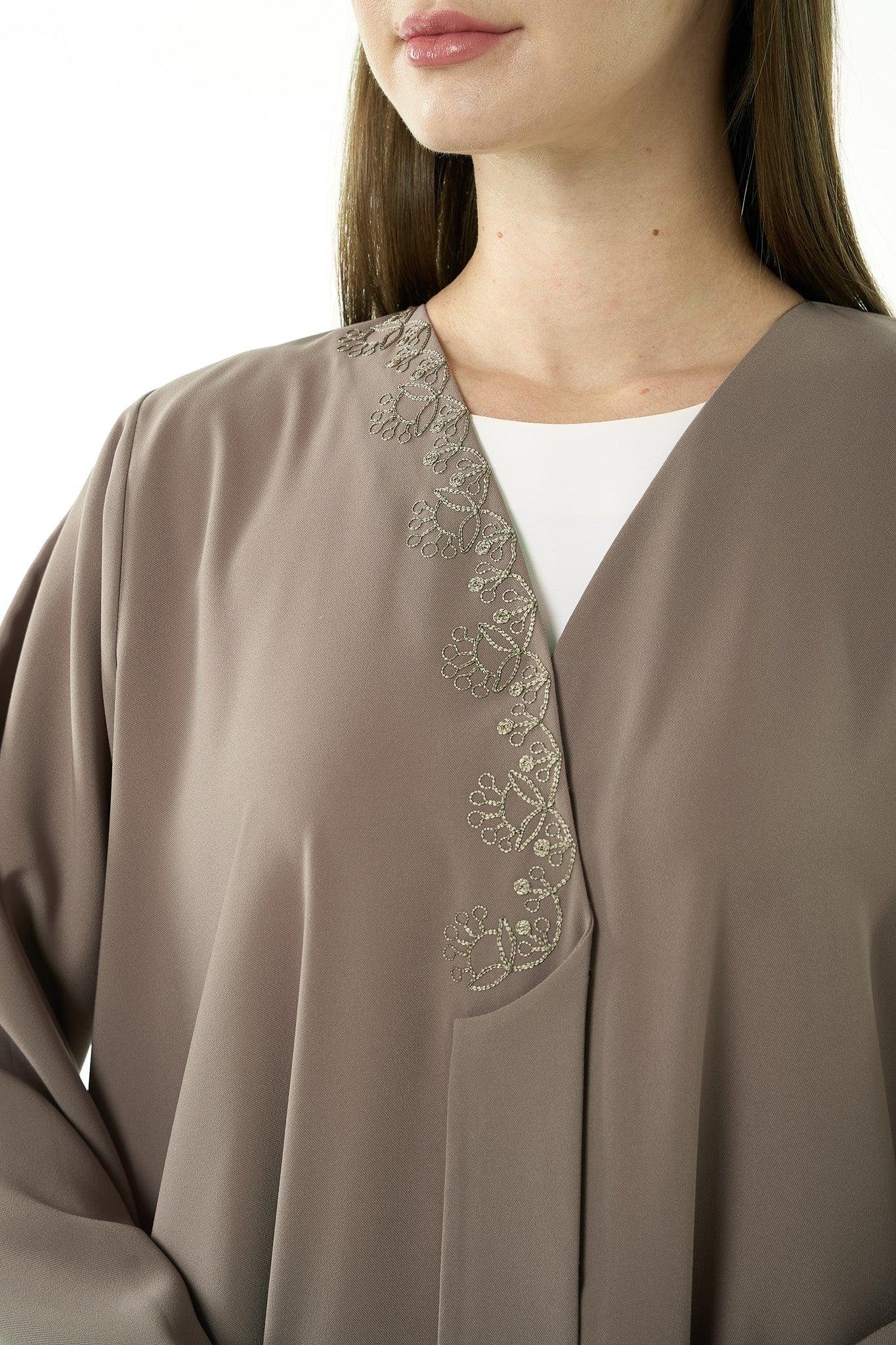 Beige Nova Crepe Abaya with Klosh Cut and Front Embroidery Detail