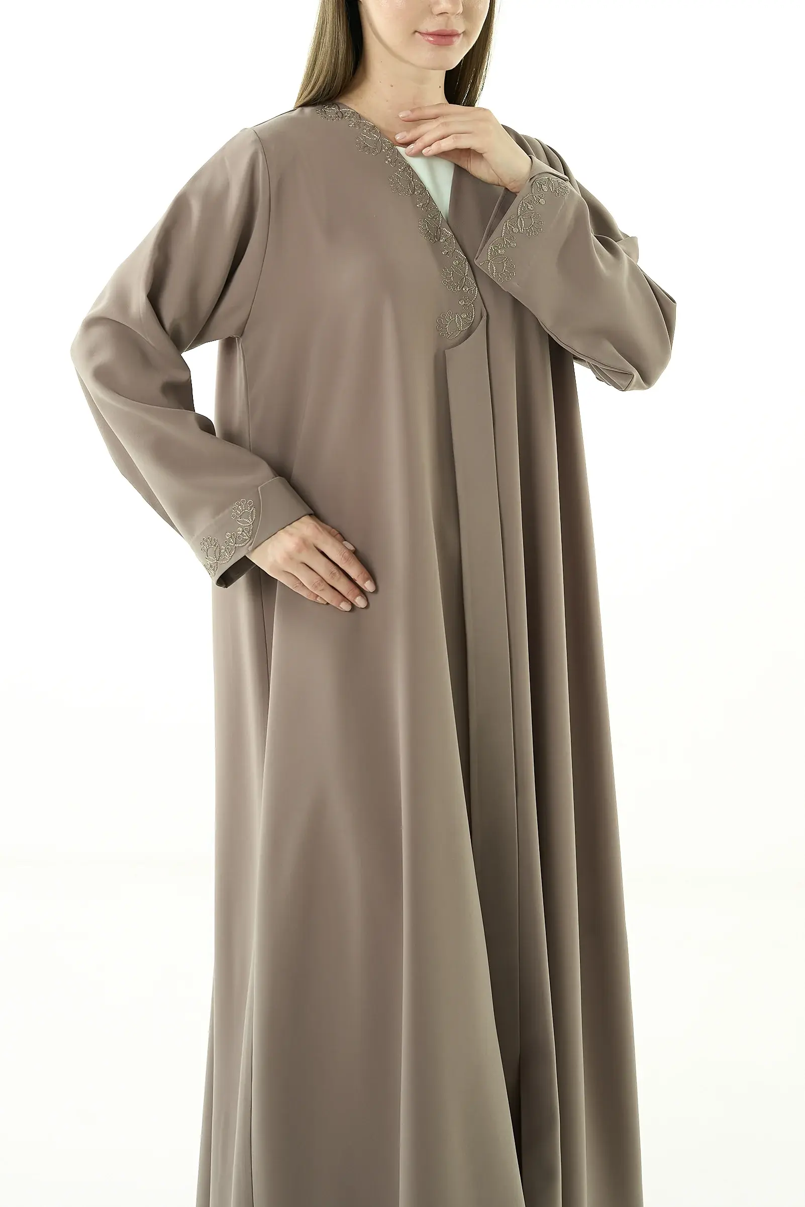 Beige Nova Crepe Abaya with Klosh Cut and Front Embroidery Detail