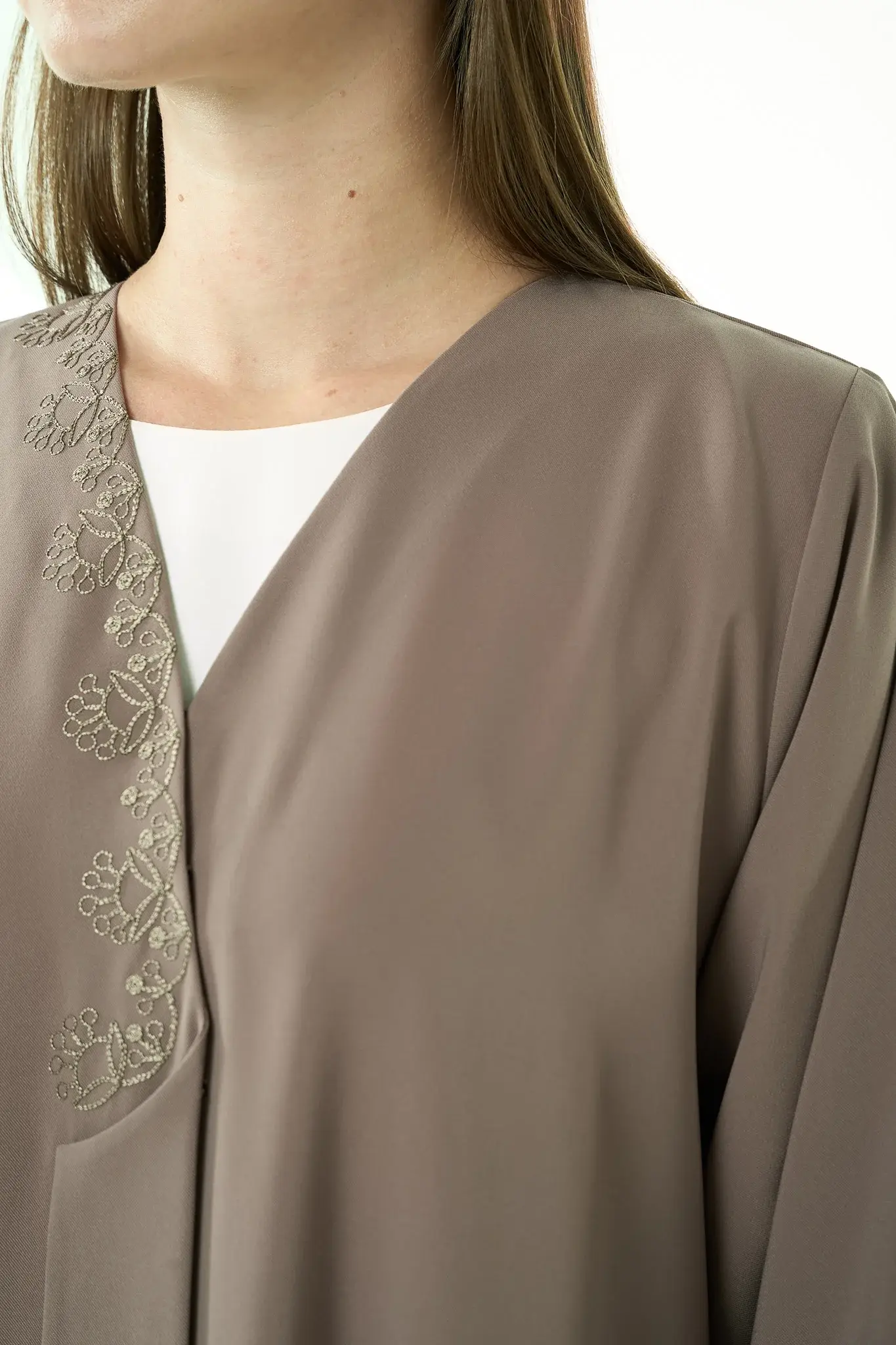 Beige Nova Crepe Abaya with Klosh Cut and Front Embroidery Detail