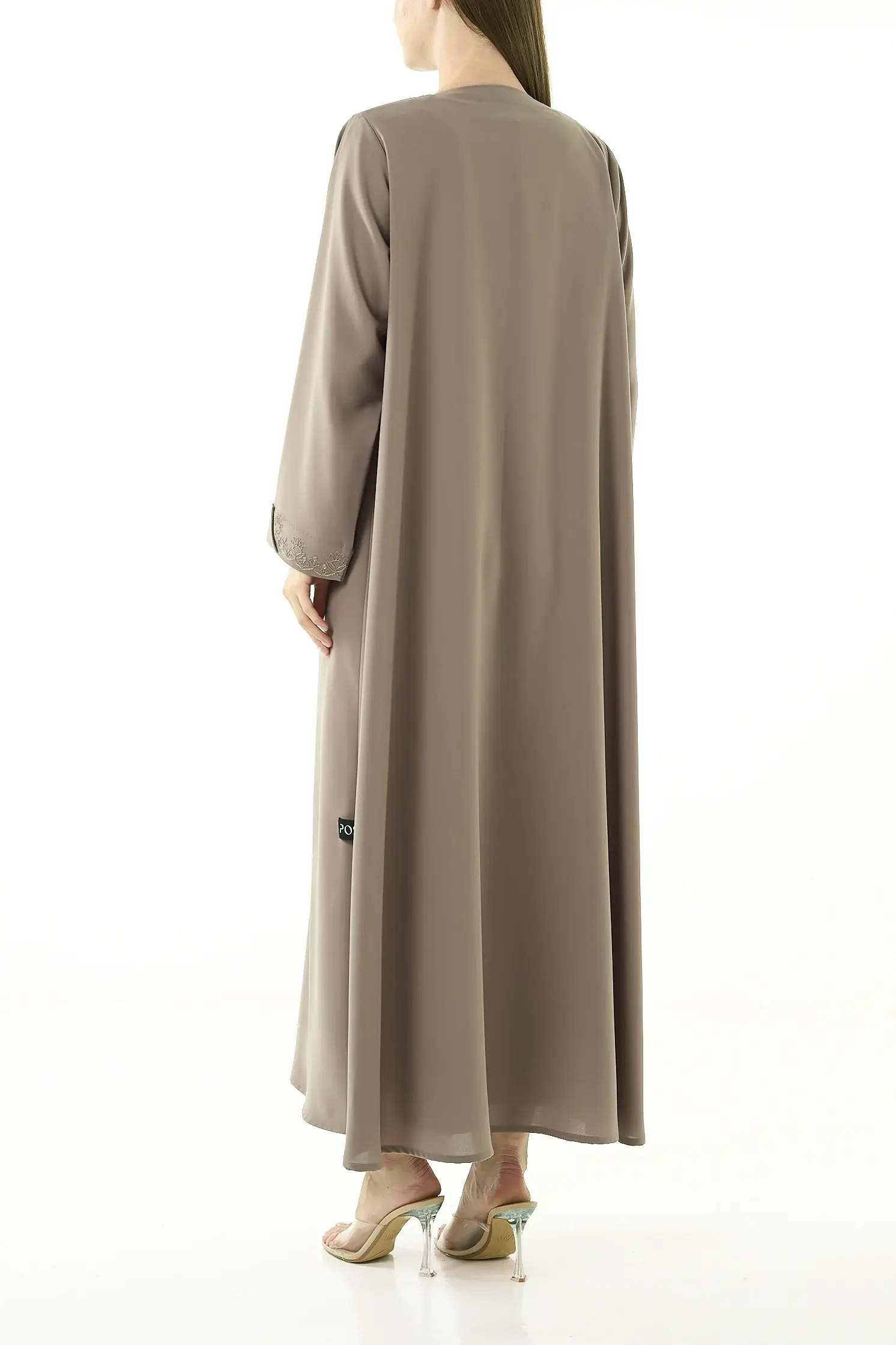 Beige Nova Crepe Abaya with Klosh Cut and Front Embroidery Detail