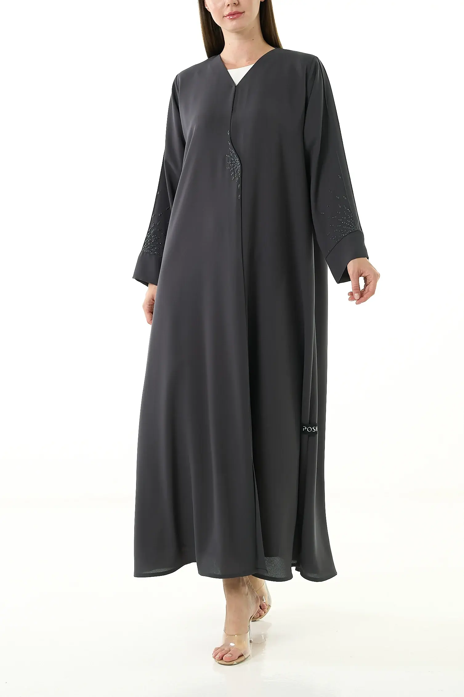 Grey Claire Crepe Abaya with Klosh Cut and Minimal Beadwork