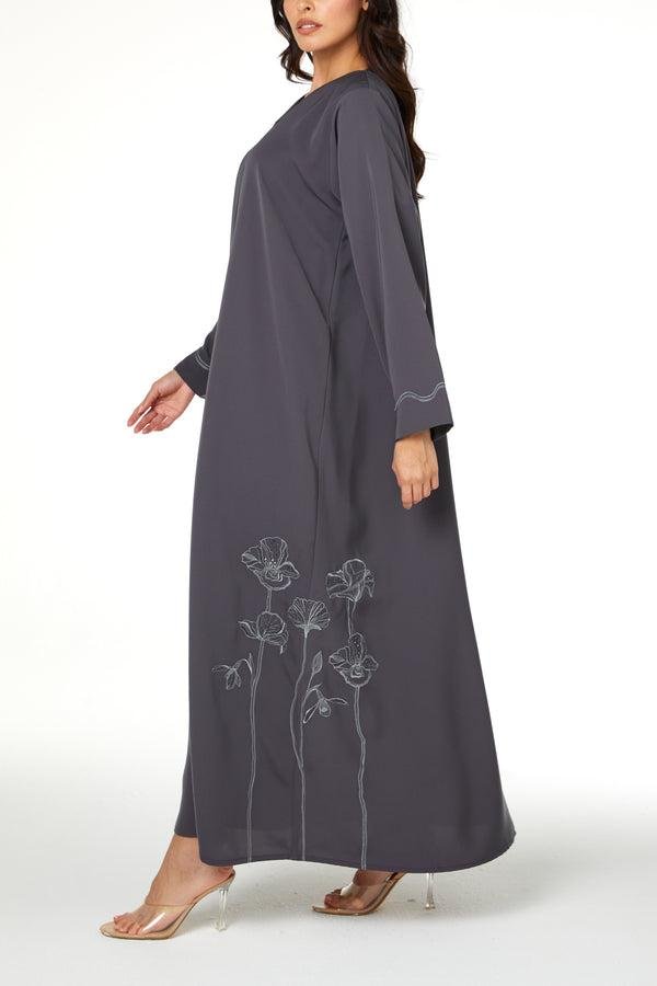 Grey Lio Crepe Abaya with Embroidered Detail